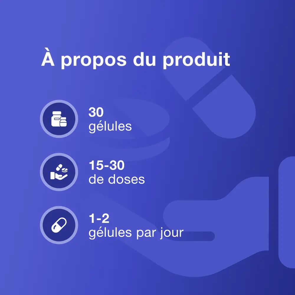 Informations sur le produit. 30 gélules, 15-30 doses, 1-2 gélules par jour. Fond bleu.