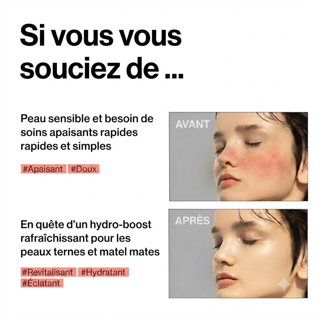 Comparaison avant-après d'une femme à la peau rougie, montrant une amélioration.