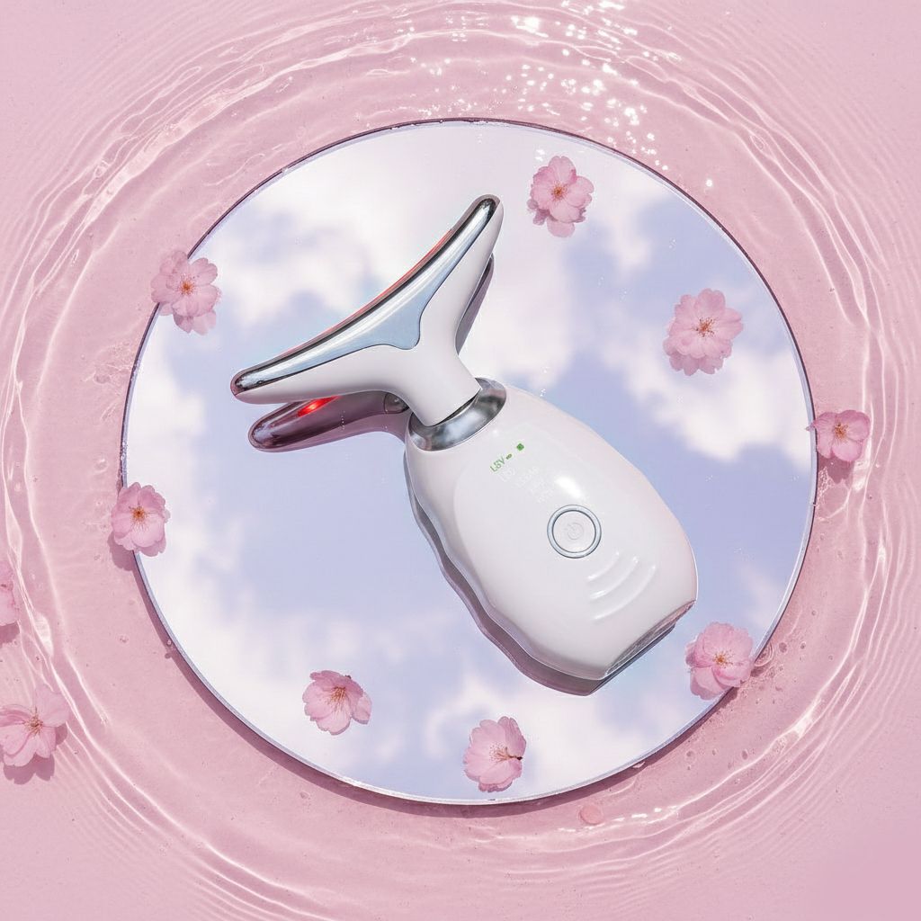 Witte gezichts- en nekmassager met zilveren accenten, op een spiegel met bloemblaadjes.