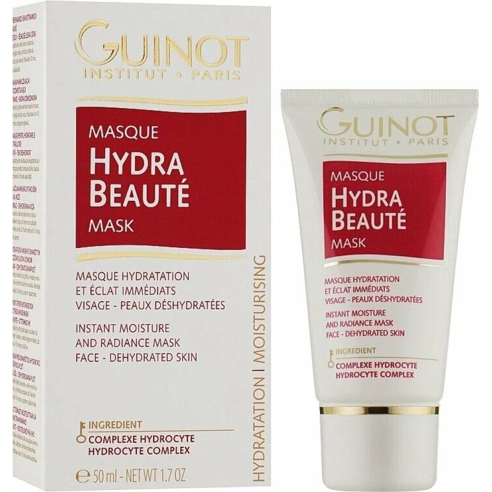 Productverpakking met tube. Opschrift: Guinot, Masque Hydra Beaut, Moisture-Supplying Radiance Mask. Tekst in het Frans en Engels. 50 ml.