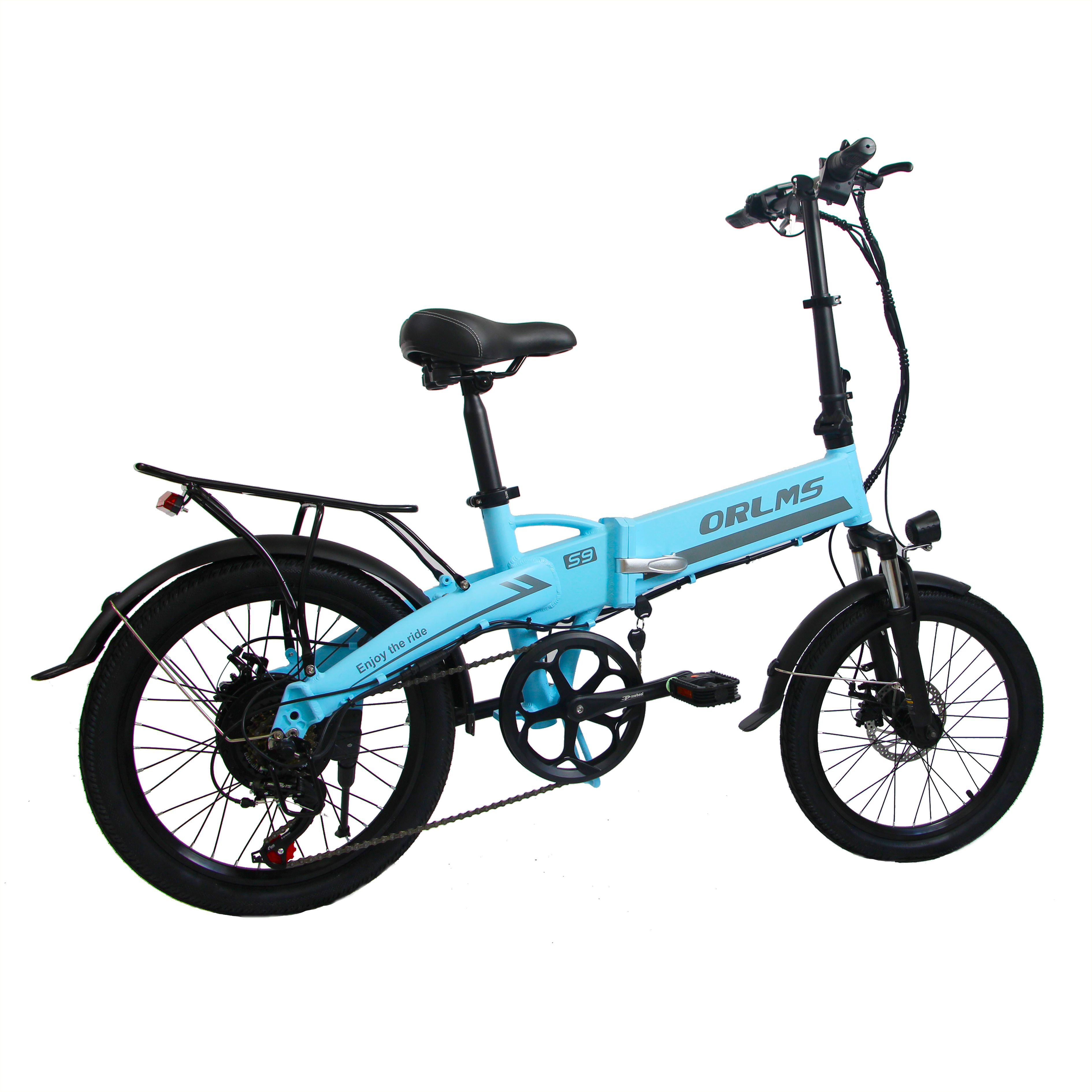Vélo électrique pliable bleu. Pneus noirs, porte-bagages, garde-boue. Logo ORLMS sur le cadre.