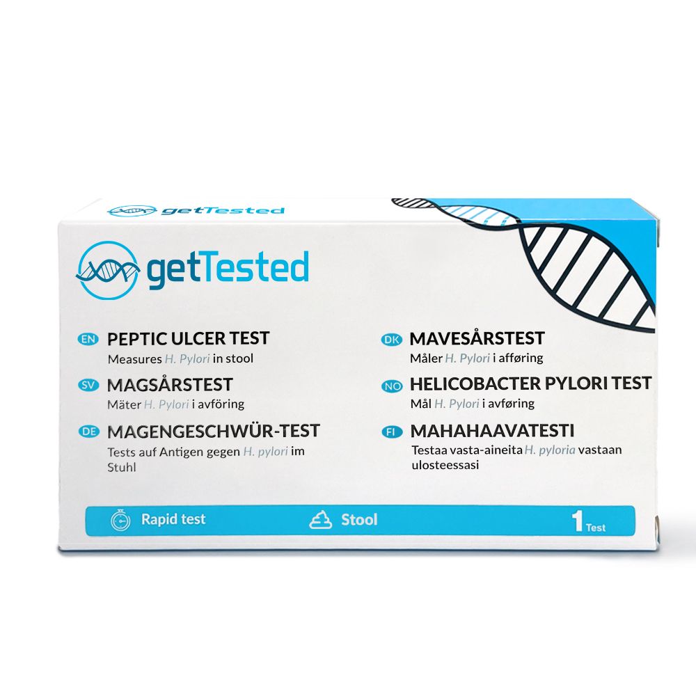 Doos met tekst en logo. Tekst: GetTested, maagzweertest. Bevat 1 test.