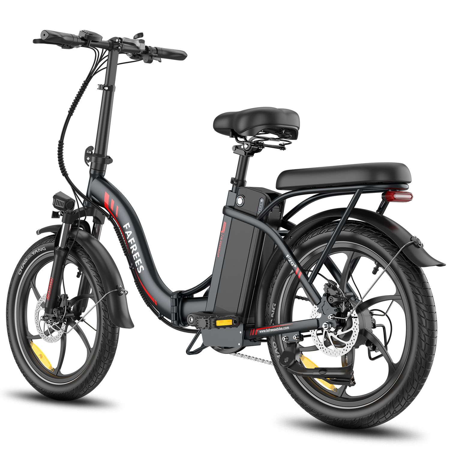 Vélo électrique pliable Fafrees F20+ noir. Visible : selle, porte-bagages, batterie, garde-boue, jantes avec liseré rouge.