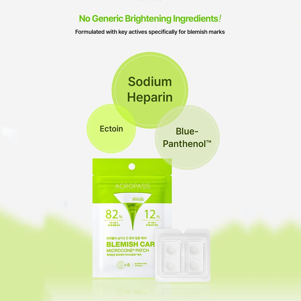 ACROPASS Blemish Care patch verpakking en ingrediënten: Sodium Heparin, Ectoin, Blue-Panthenol. Groen-witte verpakking en witte blisters.
