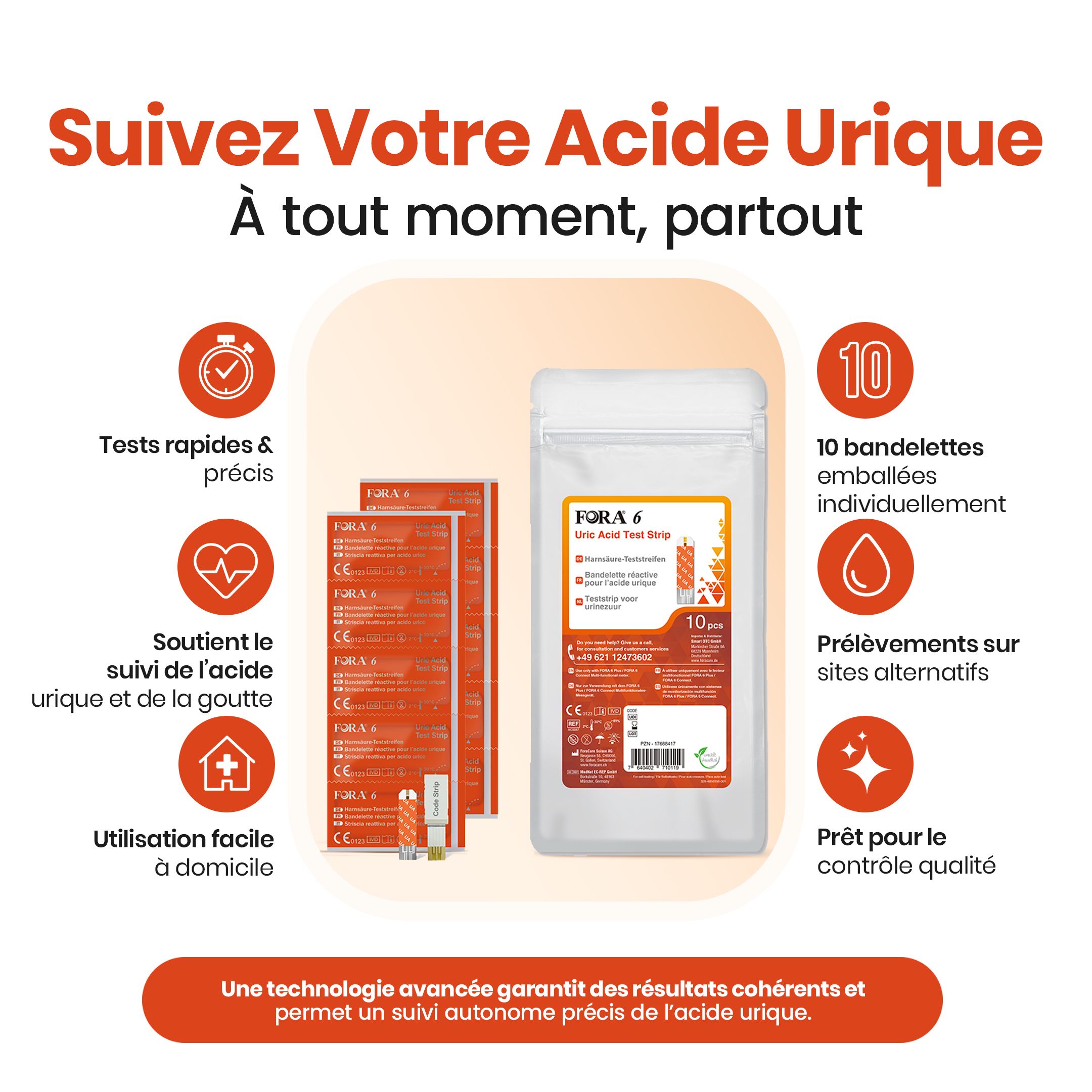 Afbeelding met tekst: 'Suivez Votre Acide Urique'. Verpakking strips, individuele strips, iconen.