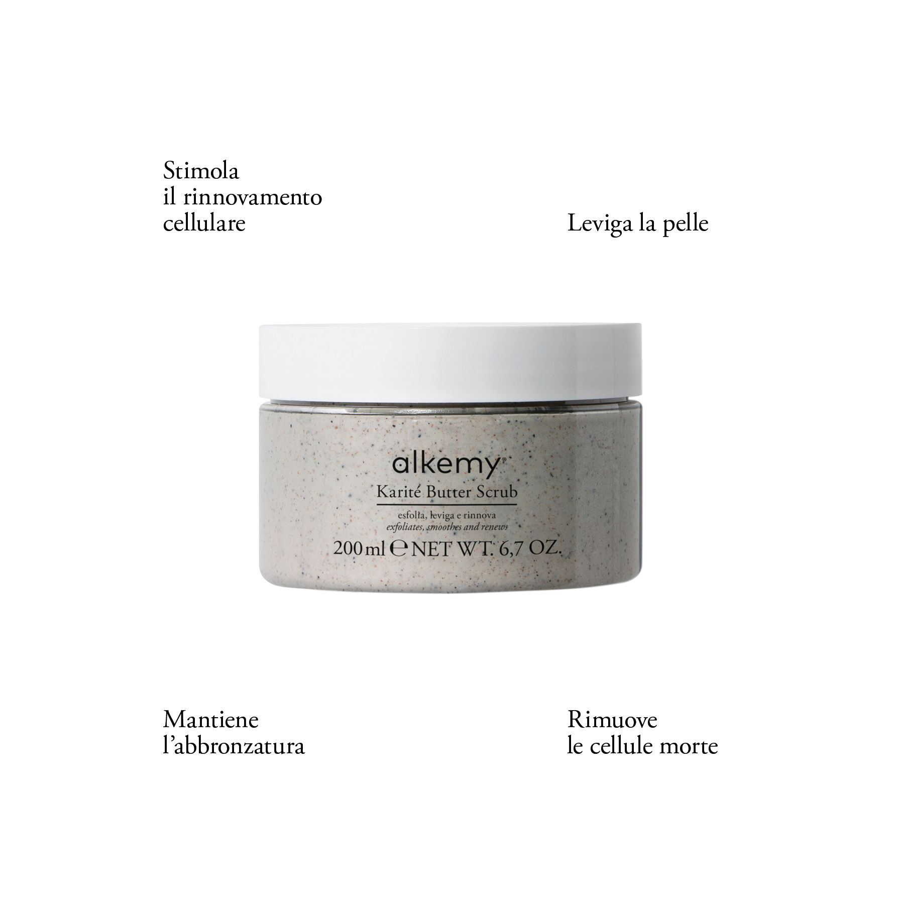 Gommage corps Alkemy Karité Butter Scrub dans un pot avec du texte.