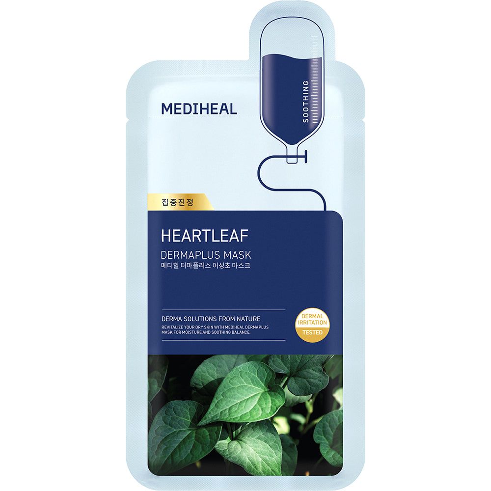 Verpakking van gezichtsmasker met MEDIHEAL logo en naam HEARTLEAF DERMAPLUS MASK.