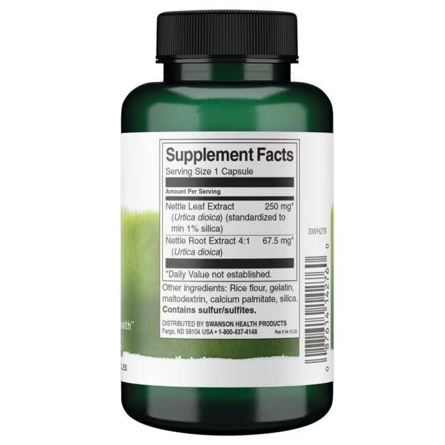 Dos du flacon vert. Étiquette avec informations nutritionnelles. Contient extrait de feuille et de racine d'ortie.