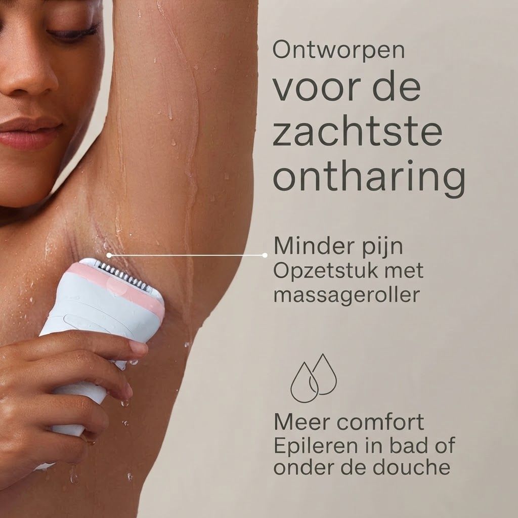 Een witte en roze epilator wordt onder de oksel van een vrouw gebruikt, besproeid met water.