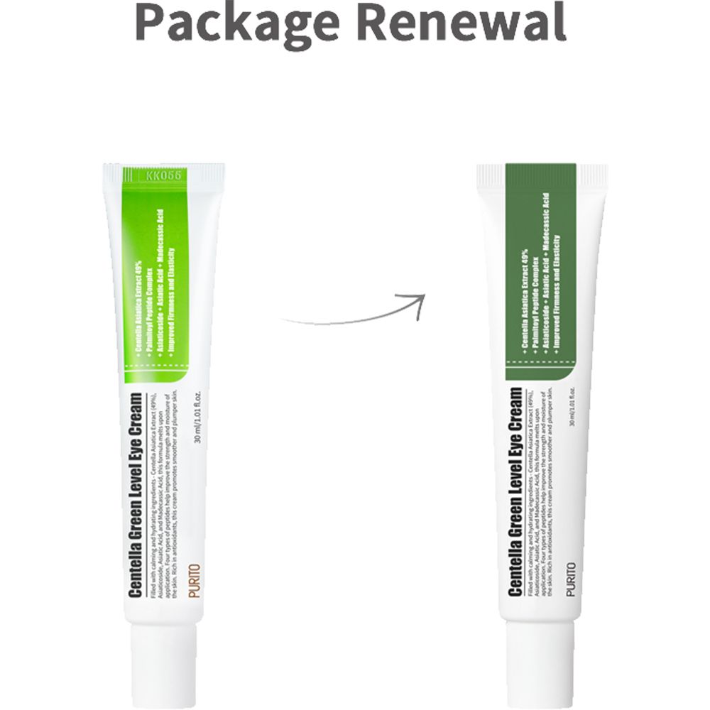 Vergelijking van twee tubes oogcrème. Links: Centella Green Level Eye Cream. Rechts: Nieuw ontwerp.