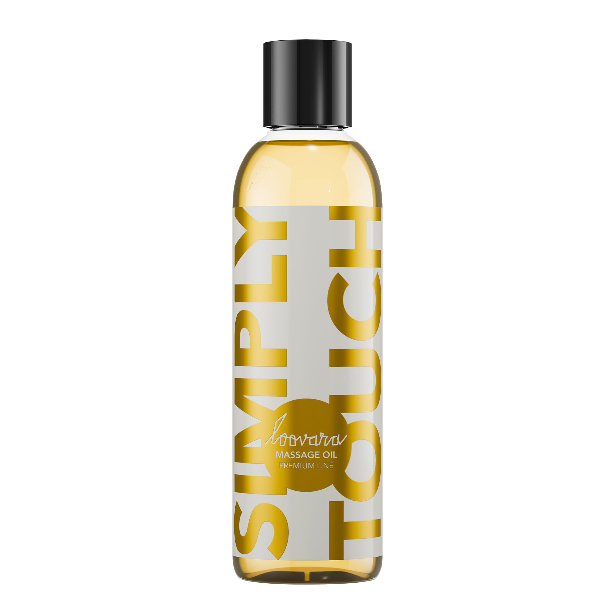 Huile de massage Loovara Simply Touch dans une bouteille transparente avec bouchon noir.
