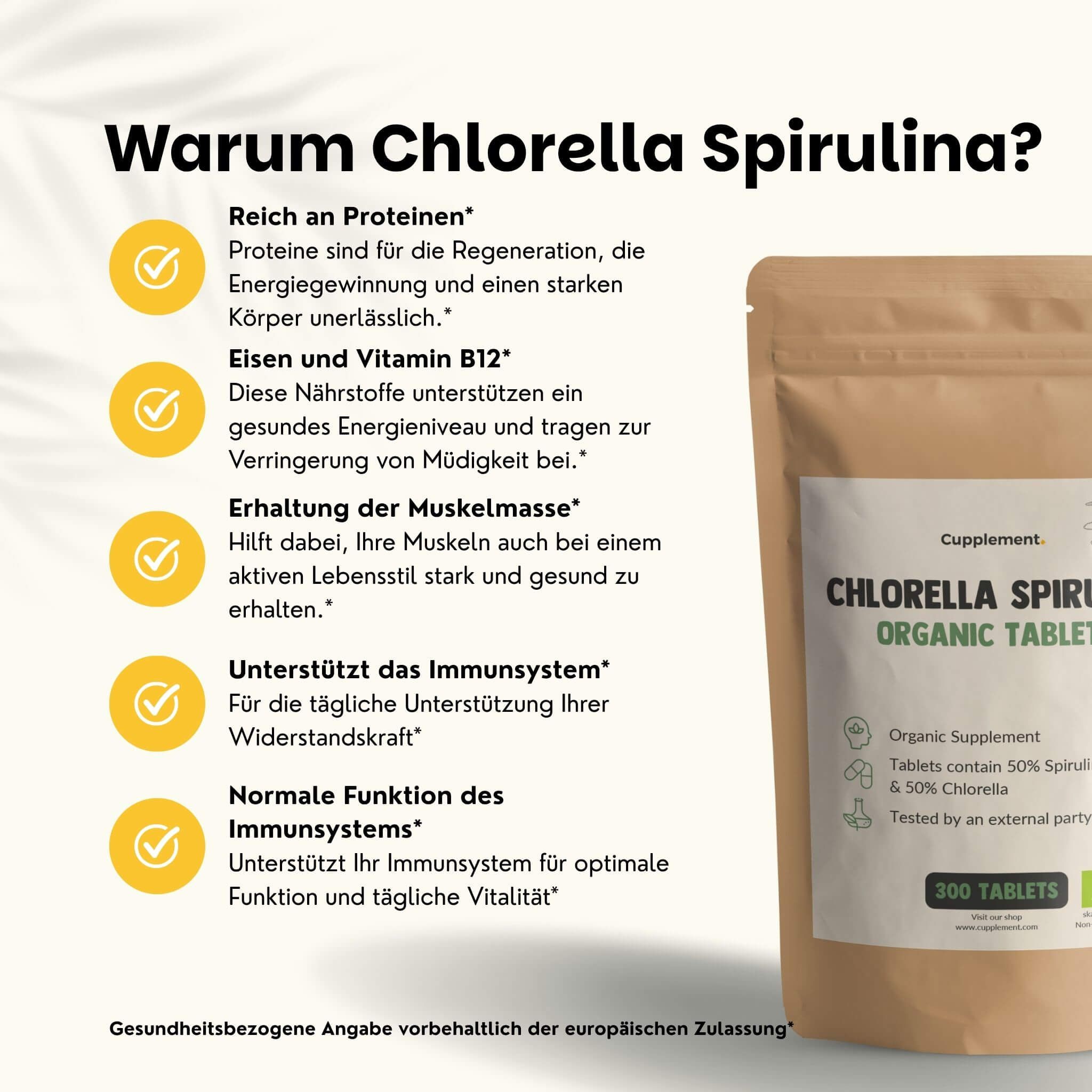 Sachet en papier brun contenant des comprimés bio Chlorella Spiruline, 300 pièces.
