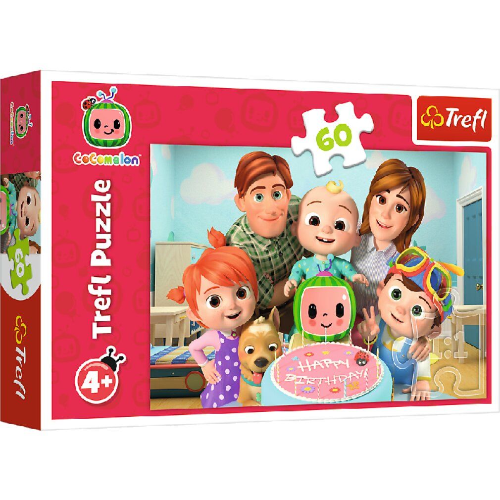 Puzzelverpakking met Cocomelon-motief, Trefl-logo, 60 stukjes, aanbevolen voor 4+.