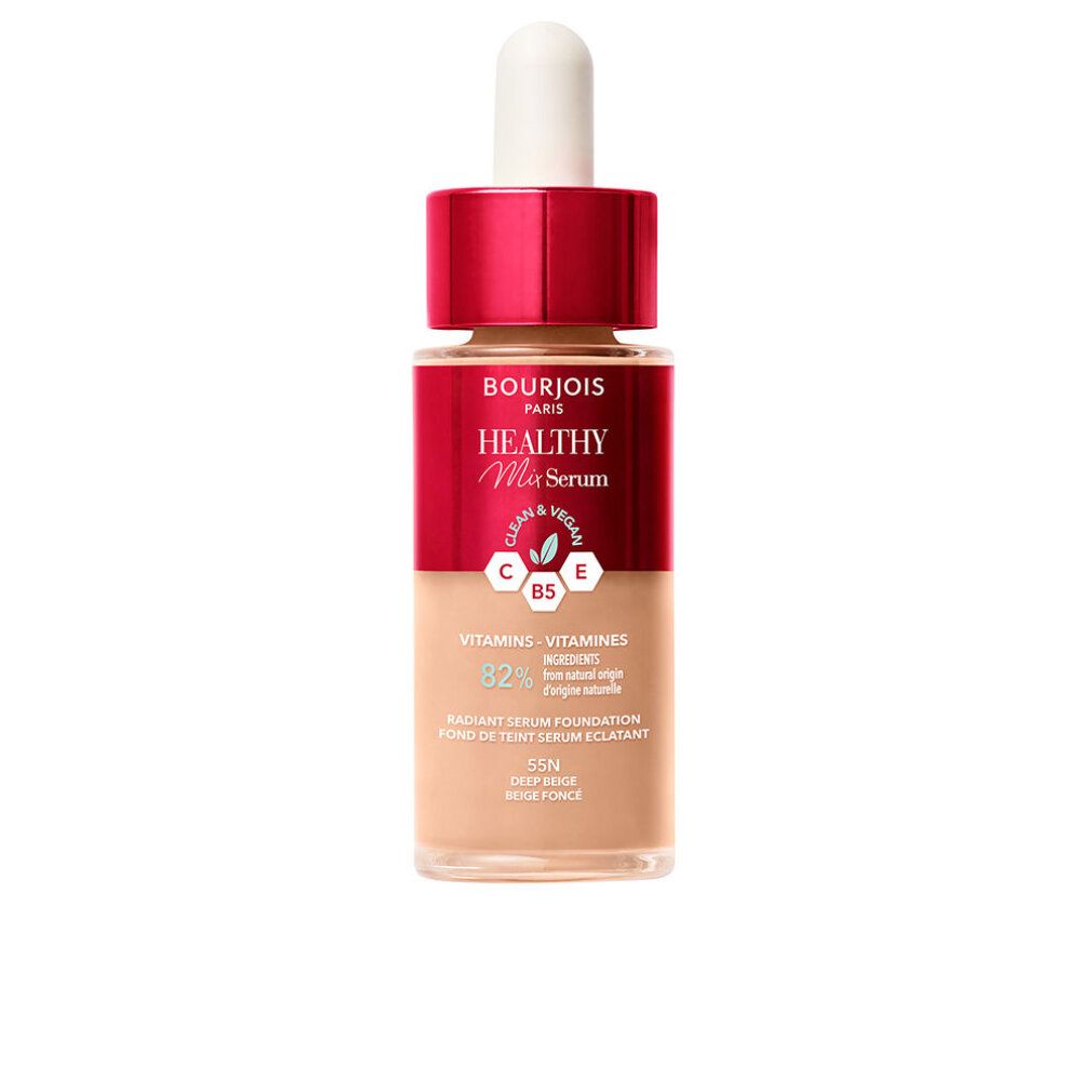 Flacon de fond de teint, Bourjois Healthy Mix Serum. Teinte 55N Deep Beige. Avec pipette et ingrédients.