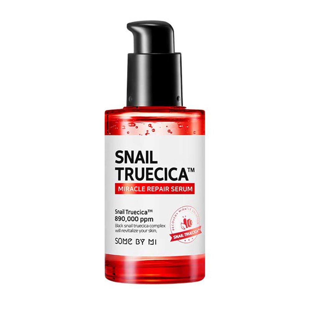 Flacon de Sérum Réparateur Miracle Snail Truecica de SOMEBYMI avec pompe.