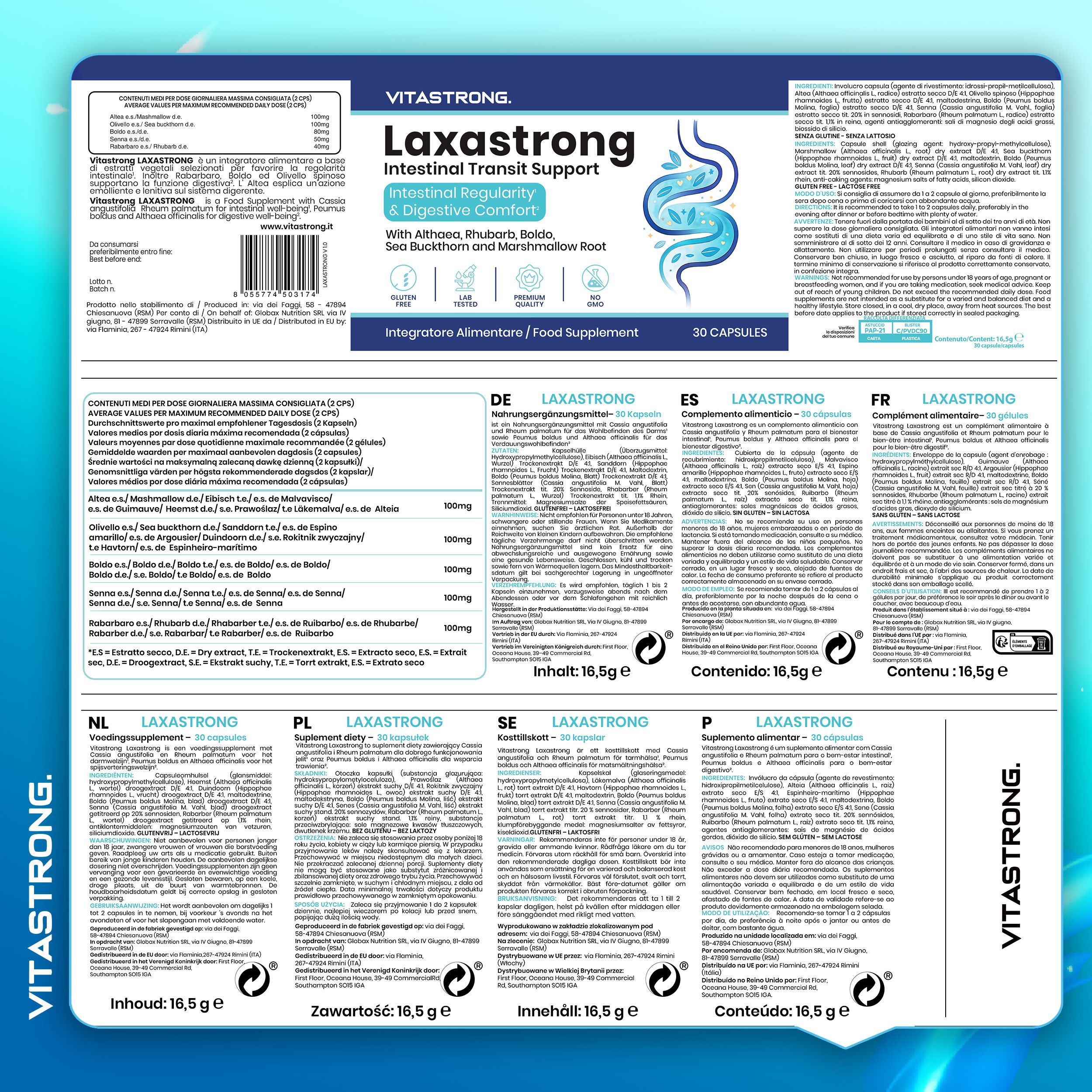 Verpakking van Laxastrong. Tekst in meerdere talen. 30 capsules. Ingrediënten. Voedingssupplement. Gemaakt in Europa.