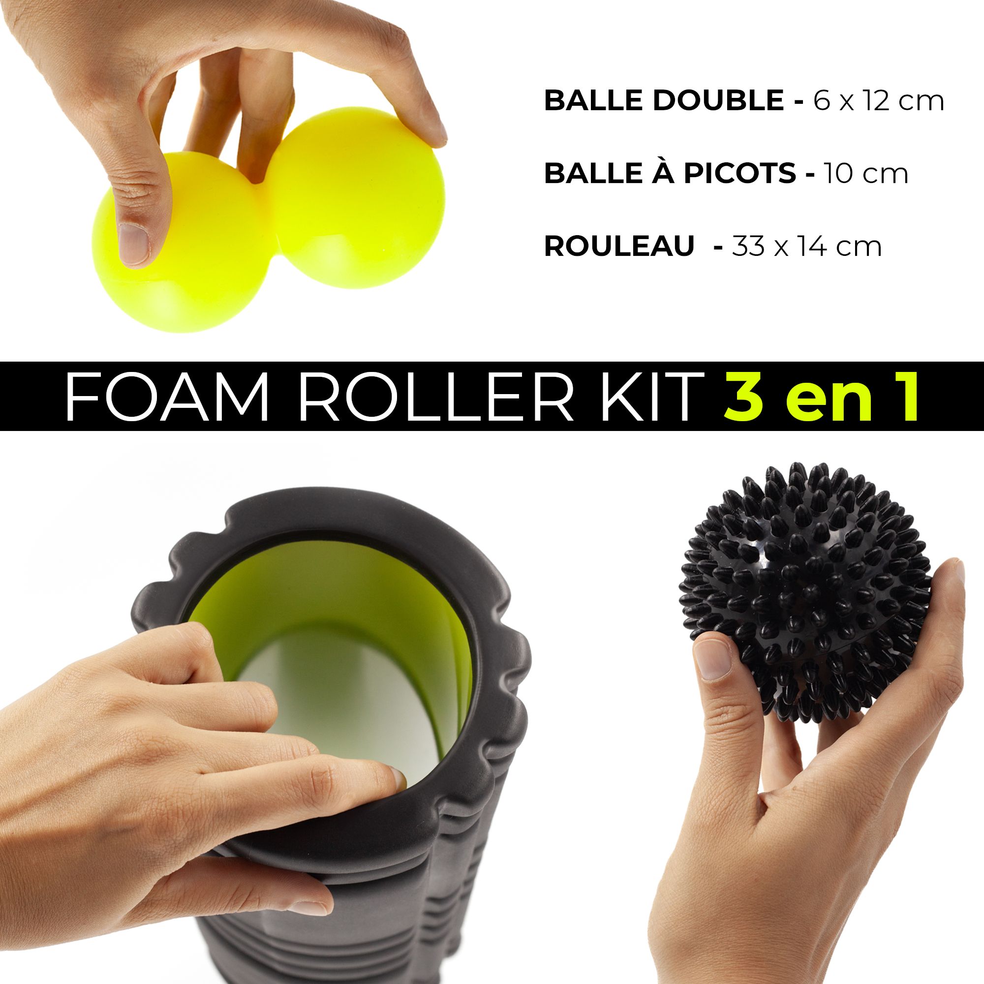 Set rouleau de fascia 3-en-1 : Duoball (6x12cm), balle à picots (10cm), rouleau (33x14cm).