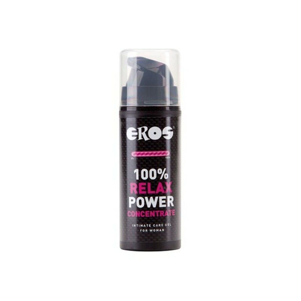 Concentré Eros Relax Power : flacon pompe, étiquette noire avec inscription rose.