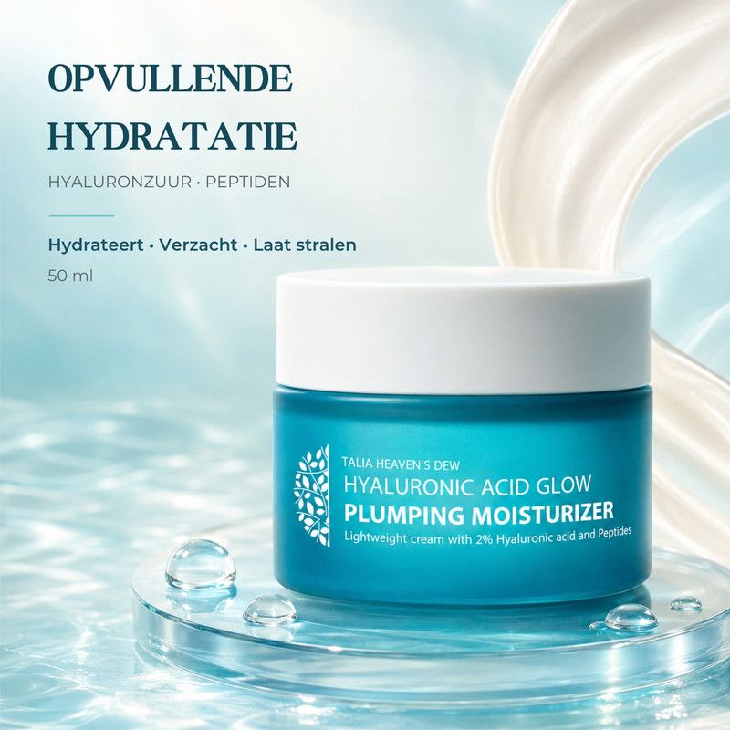 Een pot Hyaluronic Acid Glow Plumping Moisturizer. Tekst benadrukt opvullende hydratatie met hyaluronzuur en peptiden.