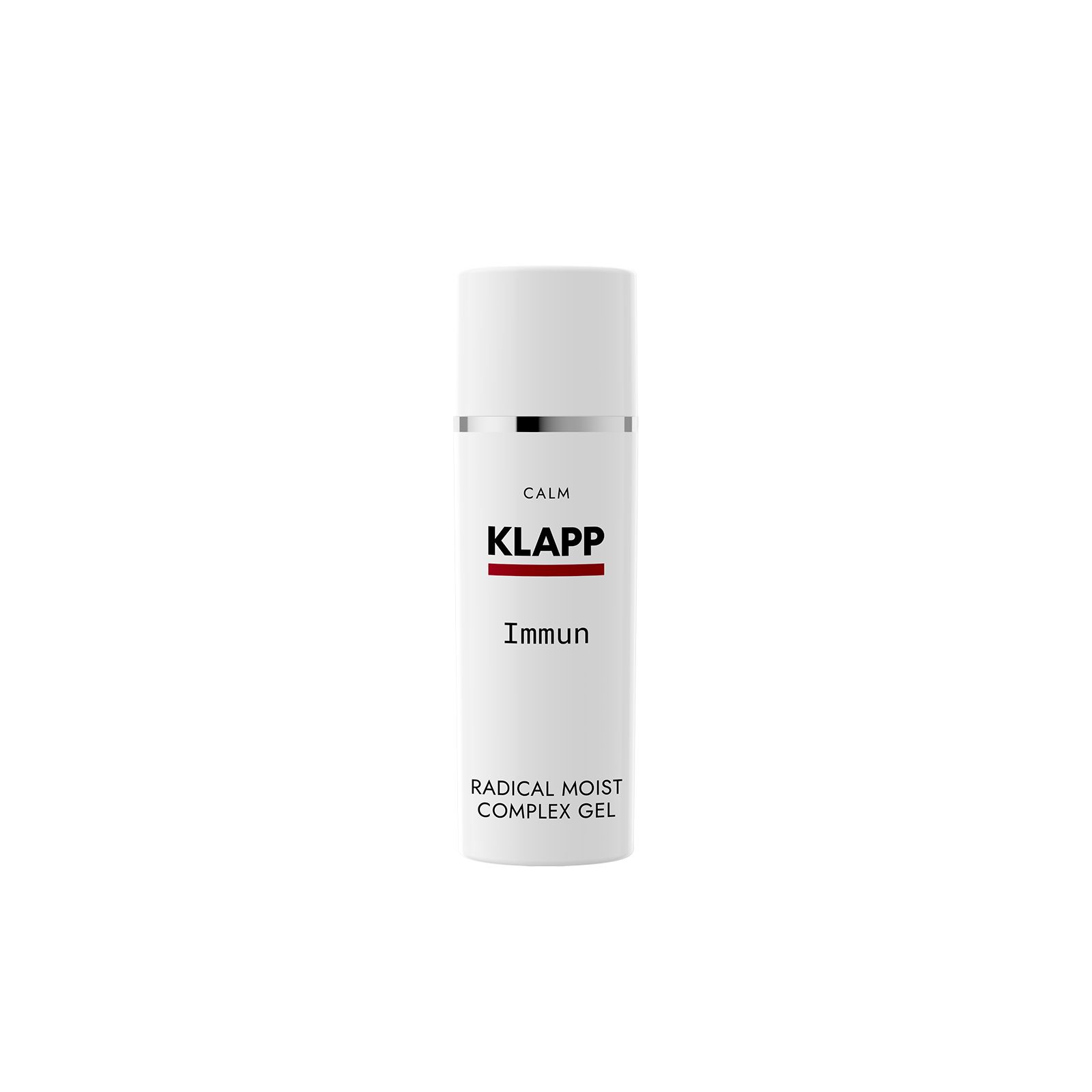 Witte fles met zilveren ring. Opschrift: KLAPP, Immun, Radical Moist Complex Gel. Product voor huidverzorging.