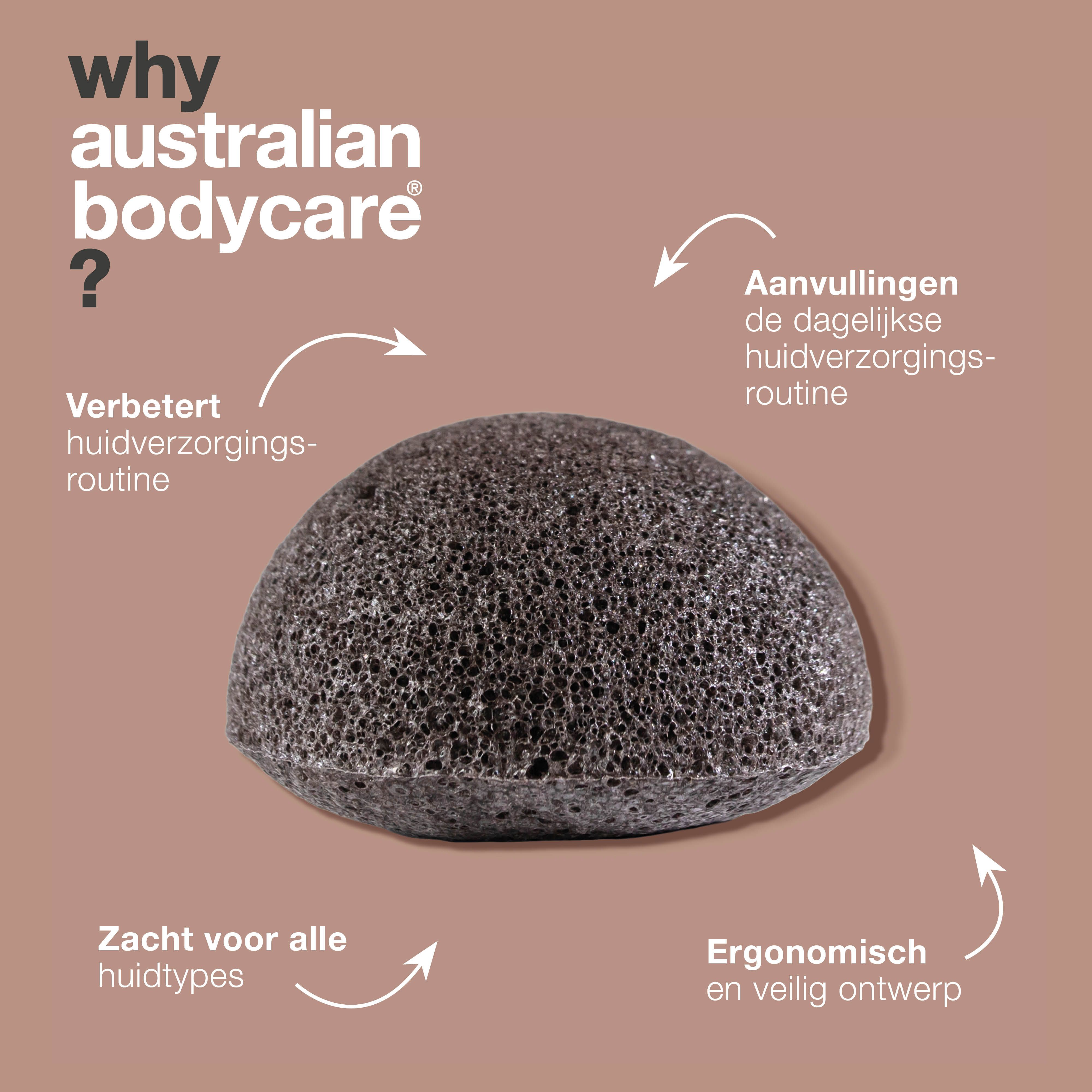 Konjac-spons. Tekst: Waarom Australian Bodycare? Verbetert huidverzorging, voor alle huidtypes, ergonomisch ontwerp.