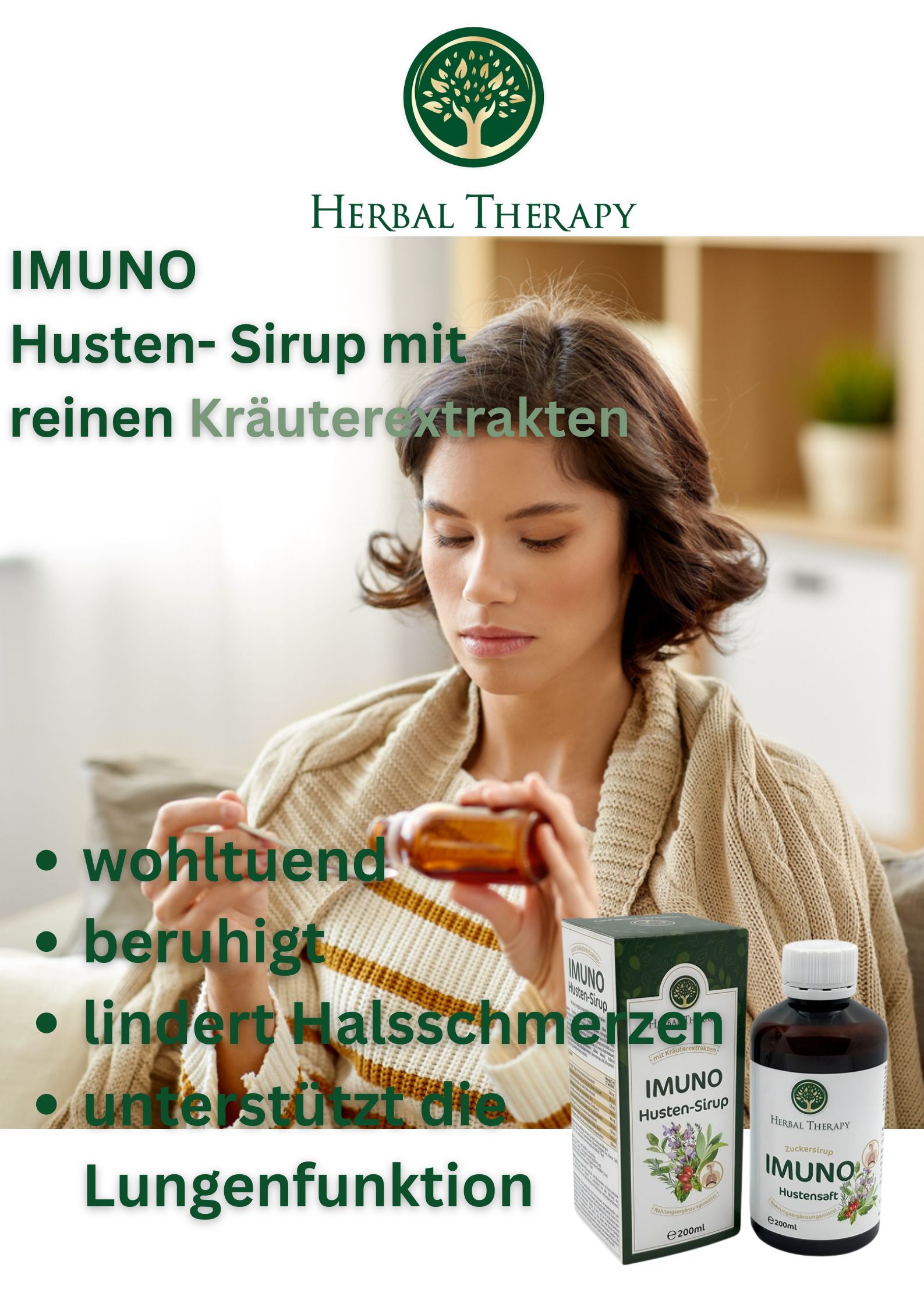 Vrouw houdt fles hoestsiroop vast. Opschrift: IMUNO Husten-Sirup. Tekst: verzachtend, kalmeert, verlicht keelpijn, ondersteunt longfunctie.