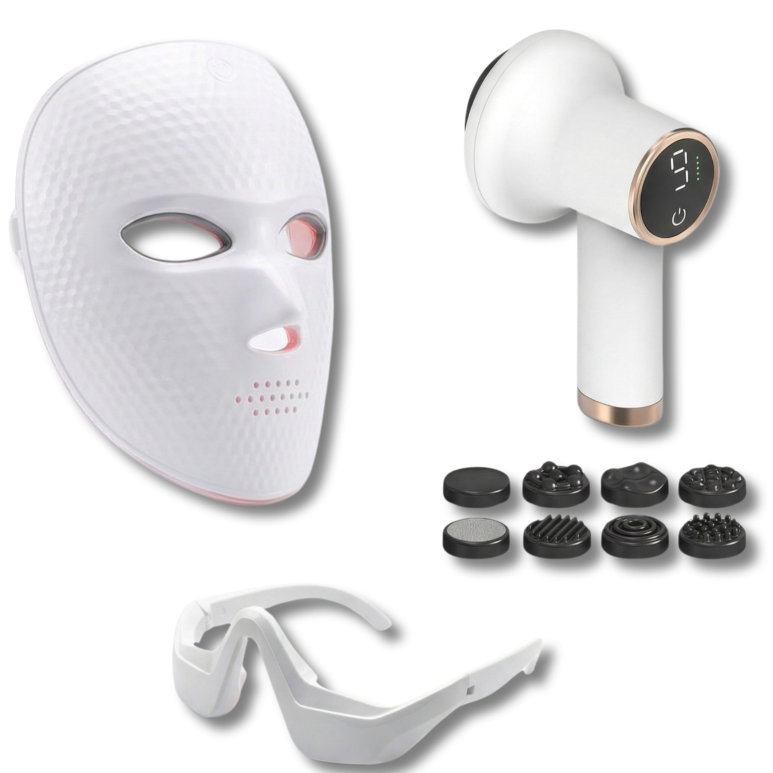 LED-gezichtsmasker, oogmasker en anticellulitis-massager met opzetstukken.