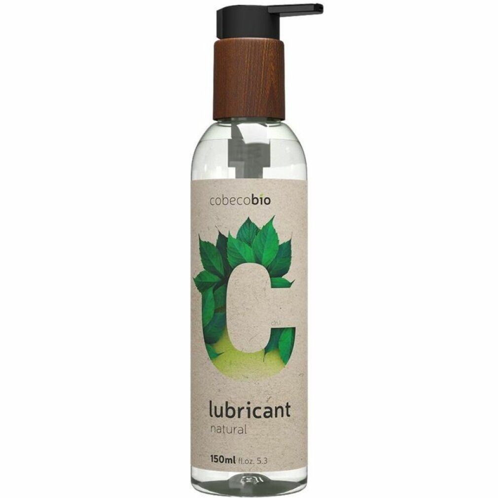Flacon avec pompe, étiquette aux feuilles vertes et inscription 'lubricant natural'.