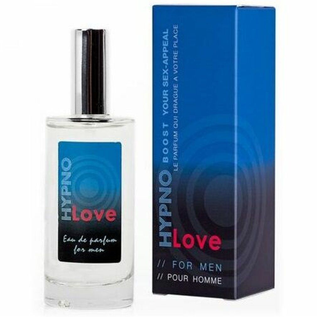 Hypno Love Eau de Parfum pour homme. Flacon en verre transparent avec vaporisateur argenté et étiquette bleue. Boîte bleue à motif circulaire.