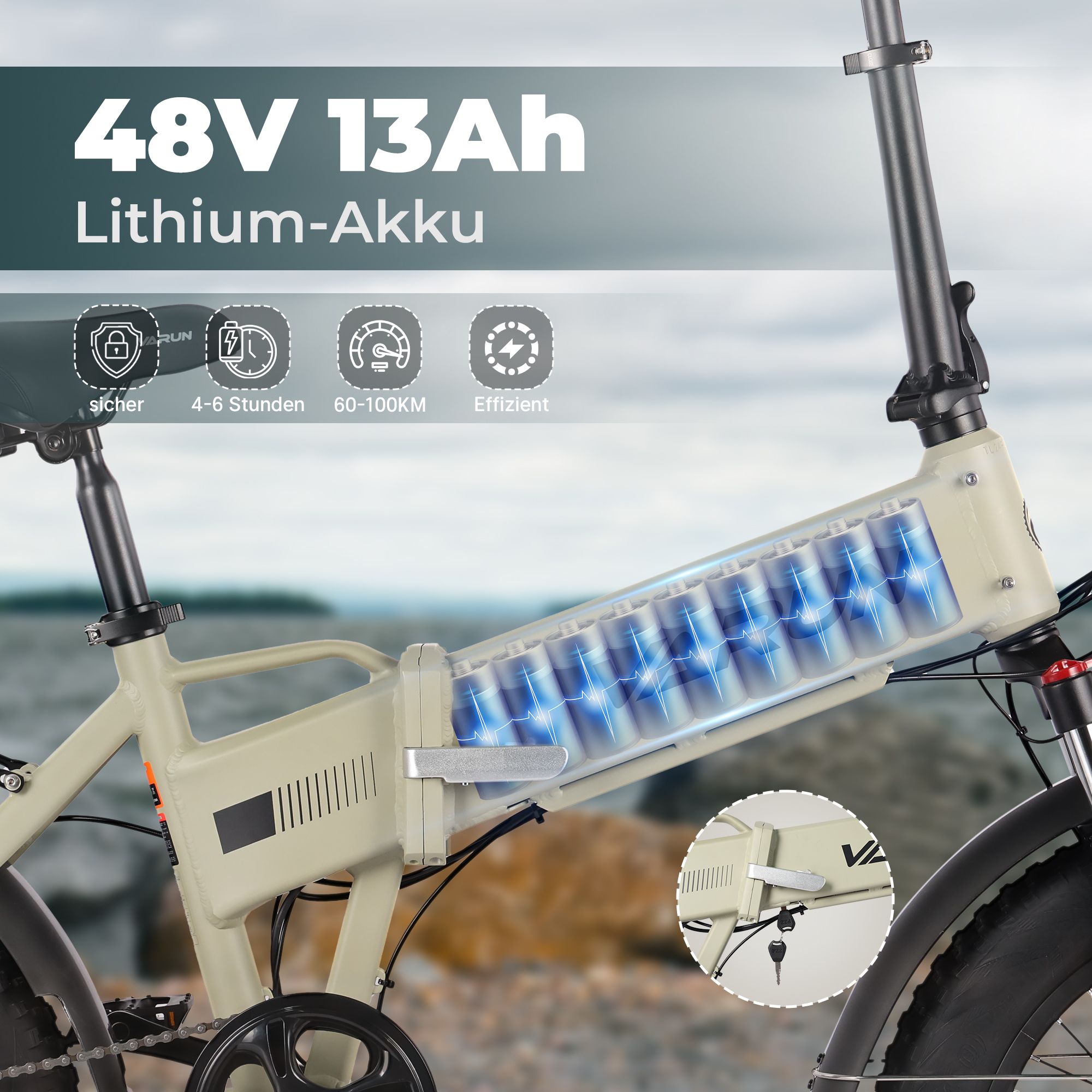 Vélo électrique pliable avec batterie lithium 48V 13Ah. Cadre beige, détails noirs. Icônes de sécurité et d'autonomie.