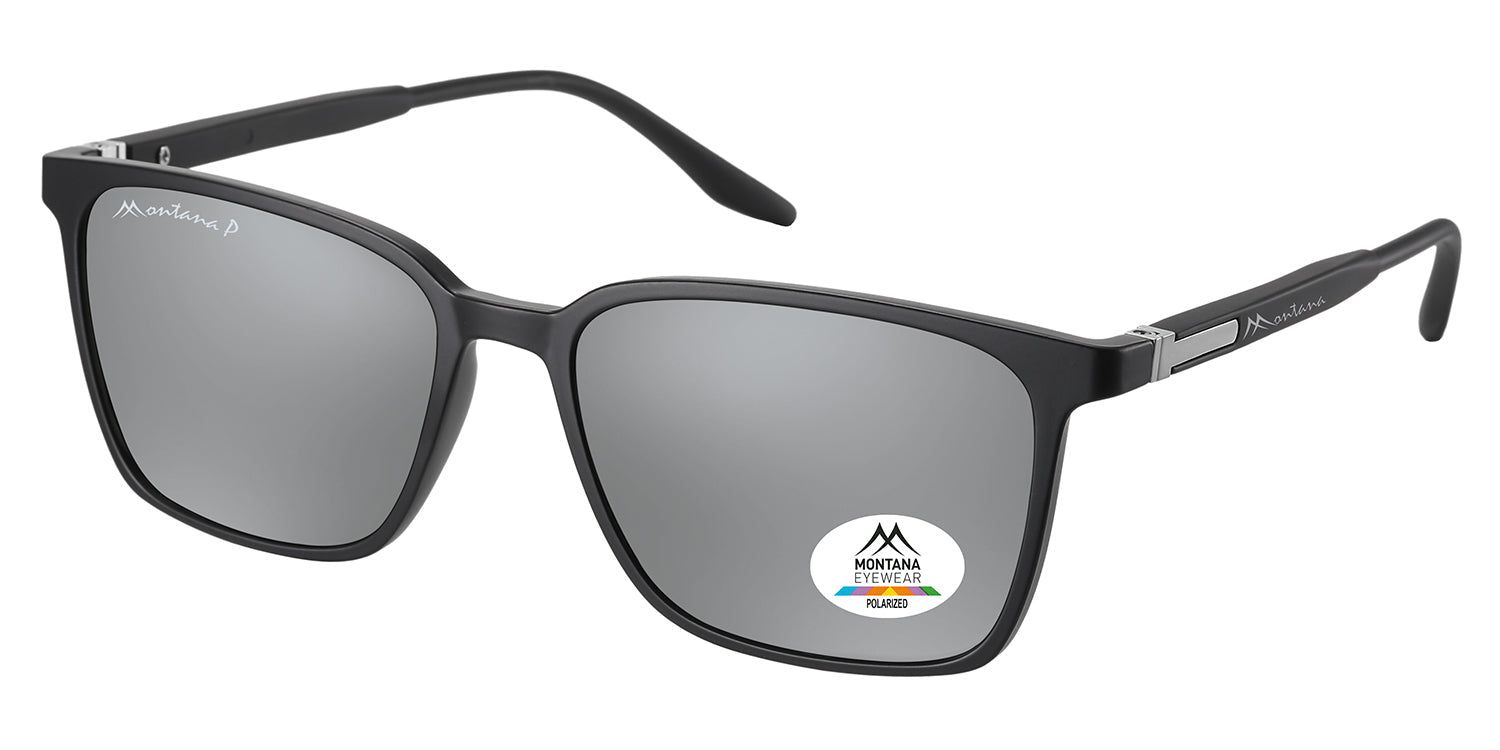 Zwarte zonnebril met zilverkleurige glazen. Montana Eyewear logo op de linker poot. Logo op het rechter glas.