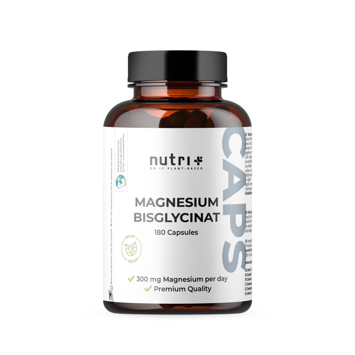 Bruine fles met zwarte dop. Opschrift: nutri+, Magnesiumbisglycinaat, 180 capsules. Bevat 300 mg magnesium per dag. Premium kwaliteit.