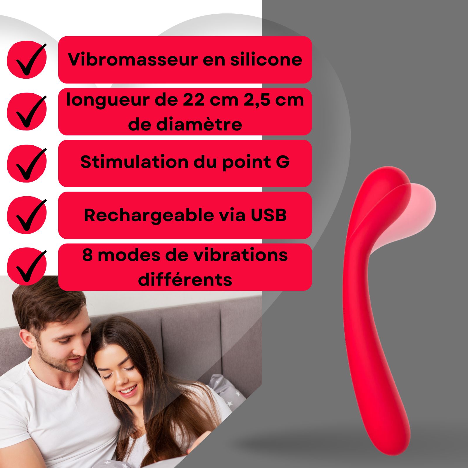 Vibrateur rouge et texte. Texte: Vibrateur en silicone, 22cm, 2,5cm diamètre, stimulation point G, USB, 8 modes.