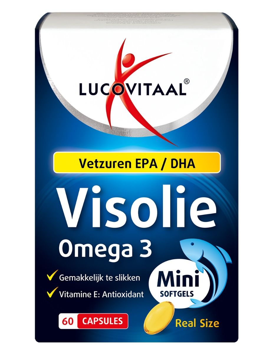 Verpakking Visolie Omega 3 Mini Softgels. Bevat 60 capsules. Opschriften: Lucovitaal, EPA/DHA, vitamine E.