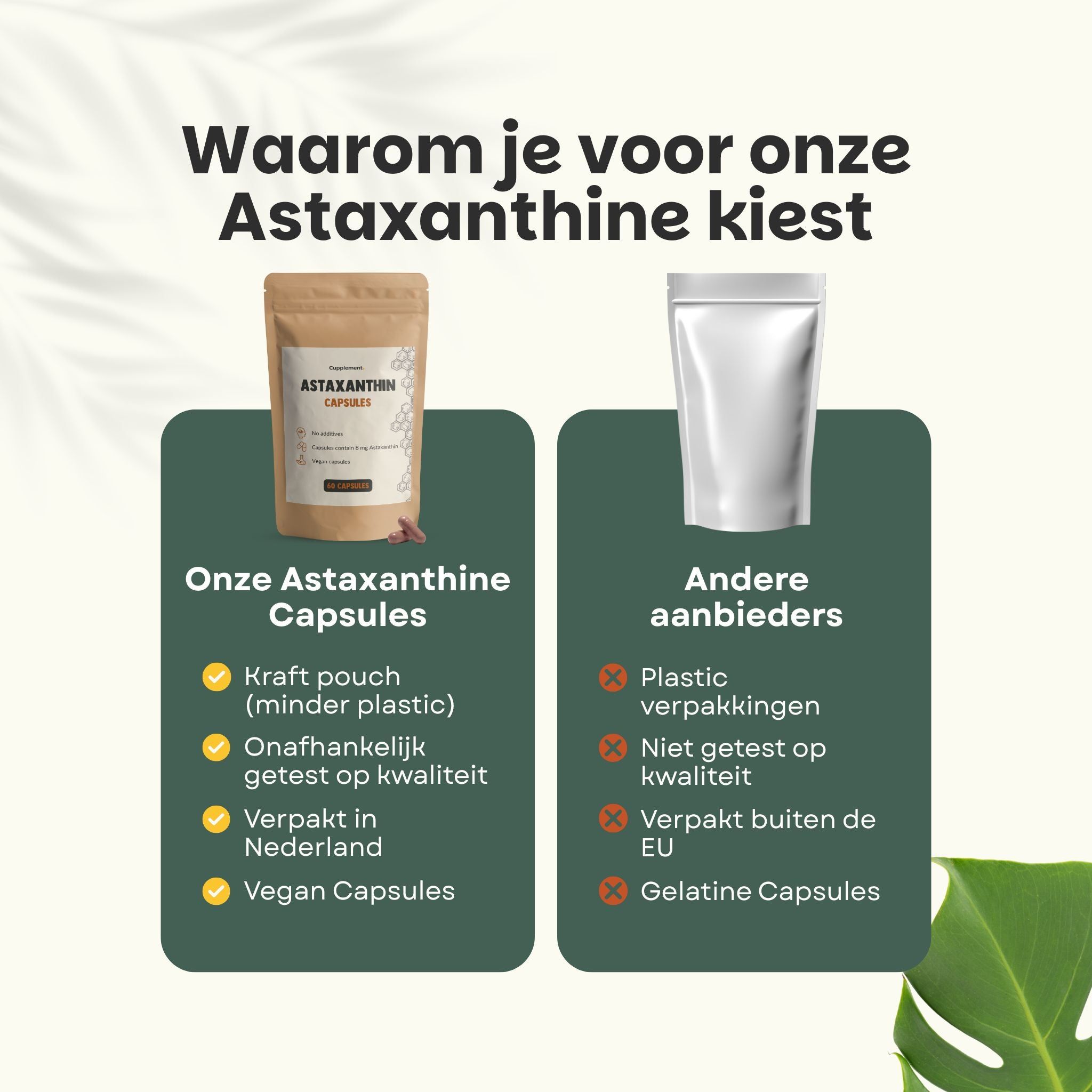 Vergelijking: astaxanthine capsules in bruine zak vs. andere aanbieders. Tekst: 'Kraftzak (minder plastic)'.