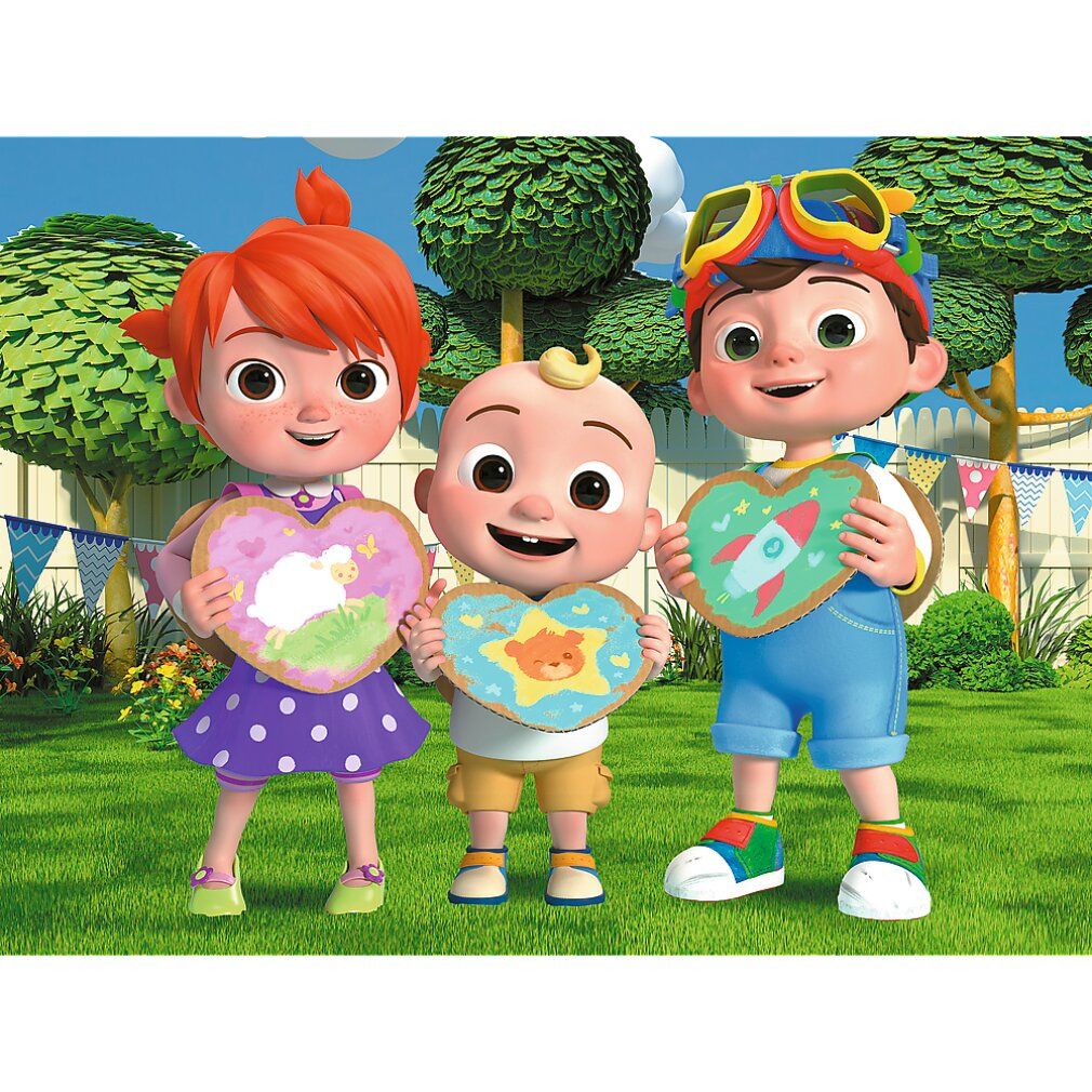 Drie Cocomelon-personages houden hartvormige puzzelstukjes vast. Achtergrond: groen gras, bomen en een hek. Personages dragen kleding.