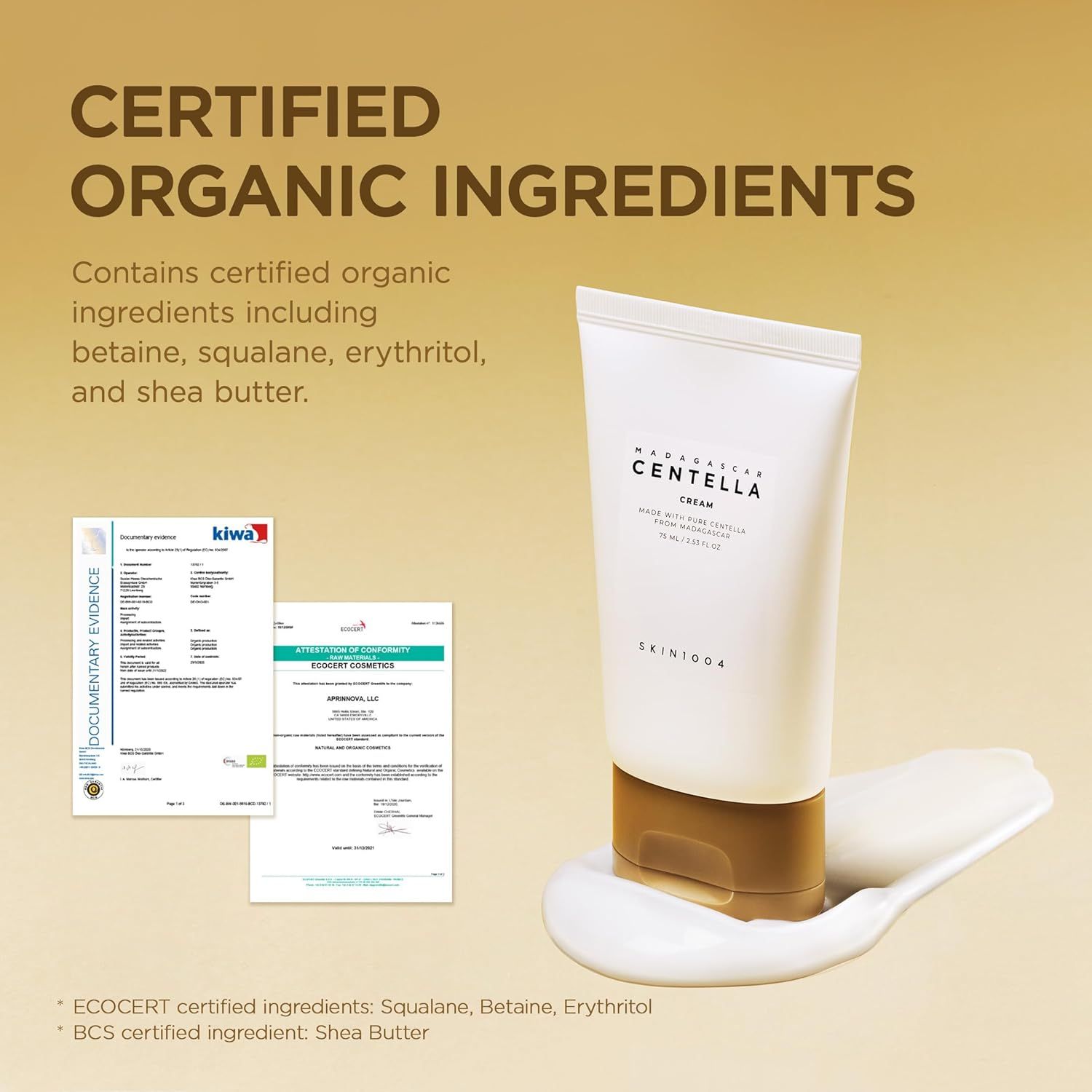 Tube met crème en certificaten. Opschrift: CERTIFIED ORGANIC INGREDIENTS. Bevat gecertificeerde biologische ingrediënten.