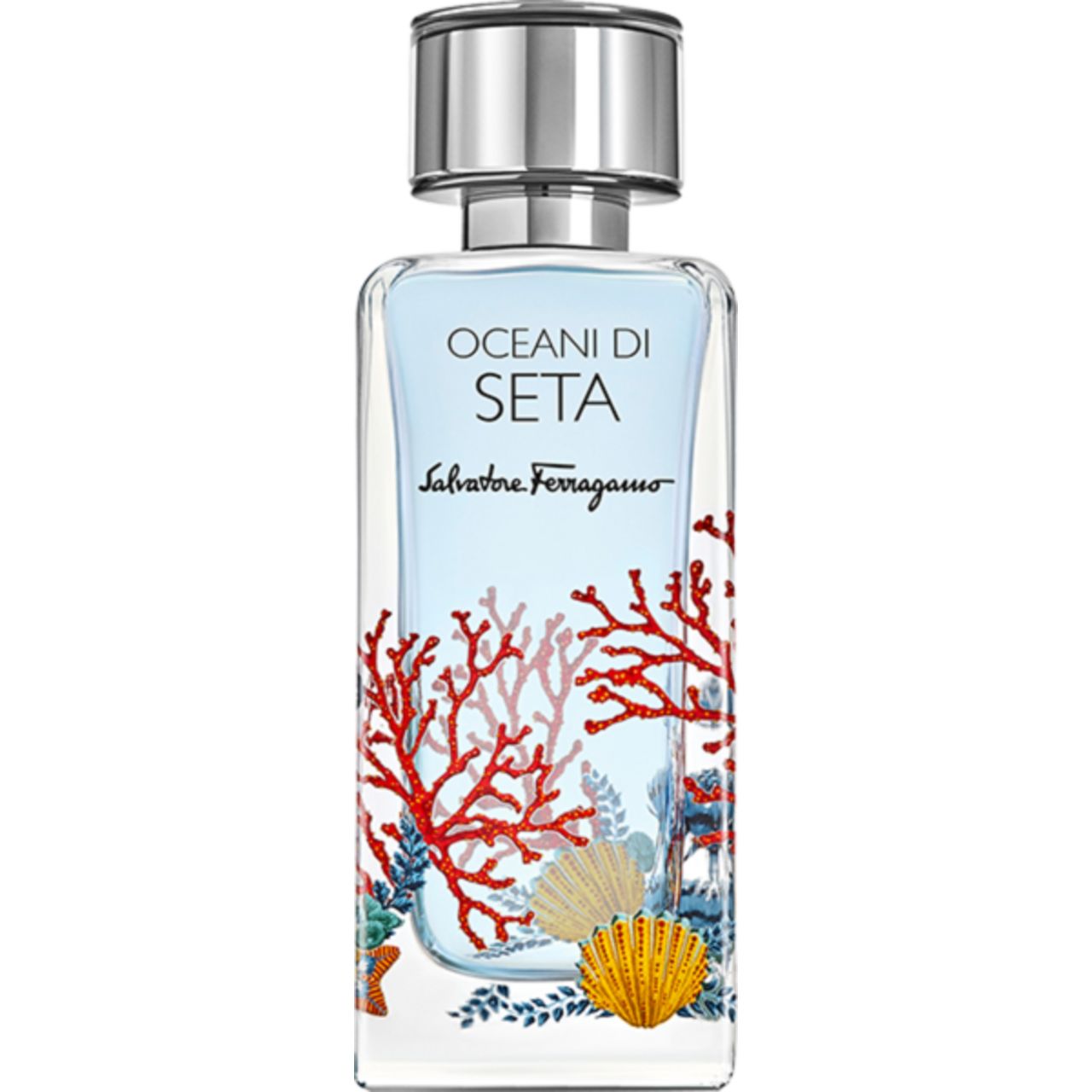 Flacon Salvatore Ferragamo Oceani di Seta Eau de Parfum avec motif corail et coquillage.