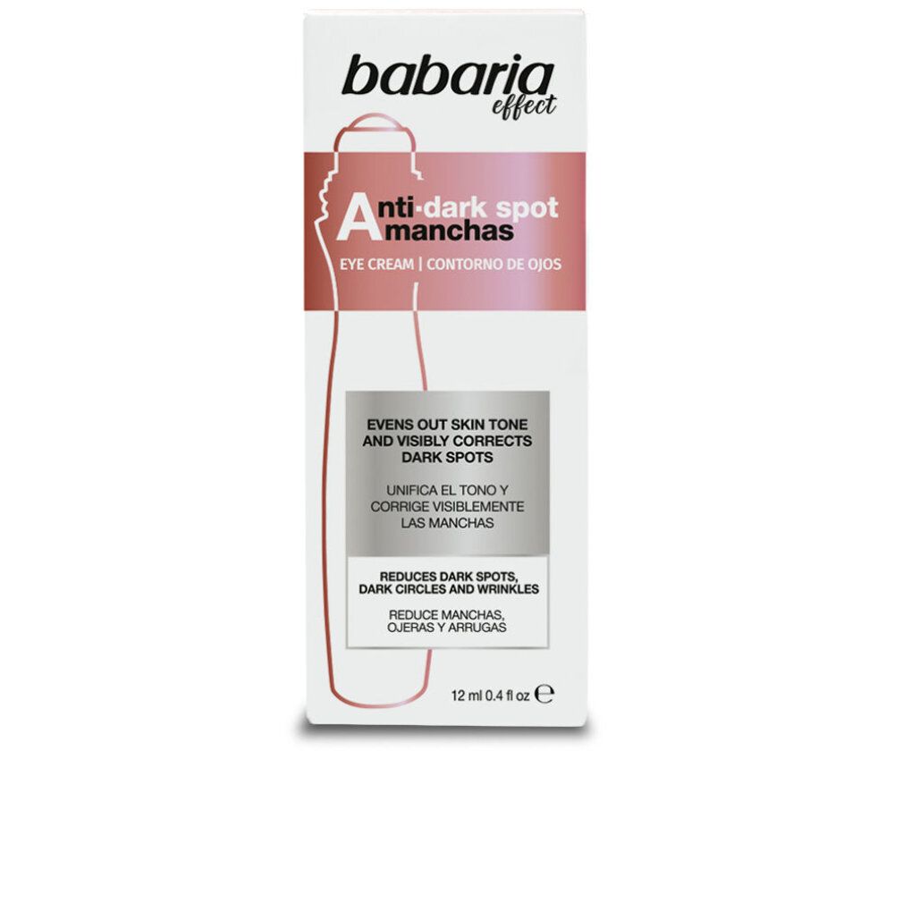 Crème contour des yeux Babaria anti-taches brunes. Boîte avec informations produit et contour de l'applicateur.
