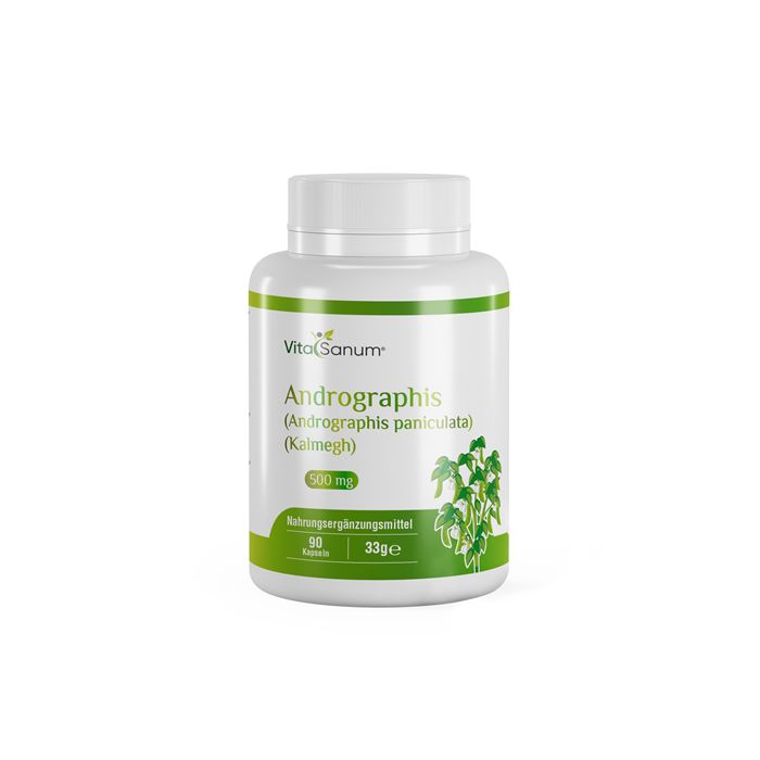 Witte fles VitaSanum® Andrographis. Groene streep, tekst, plantillustratie. 500 mg, 90 capsules.