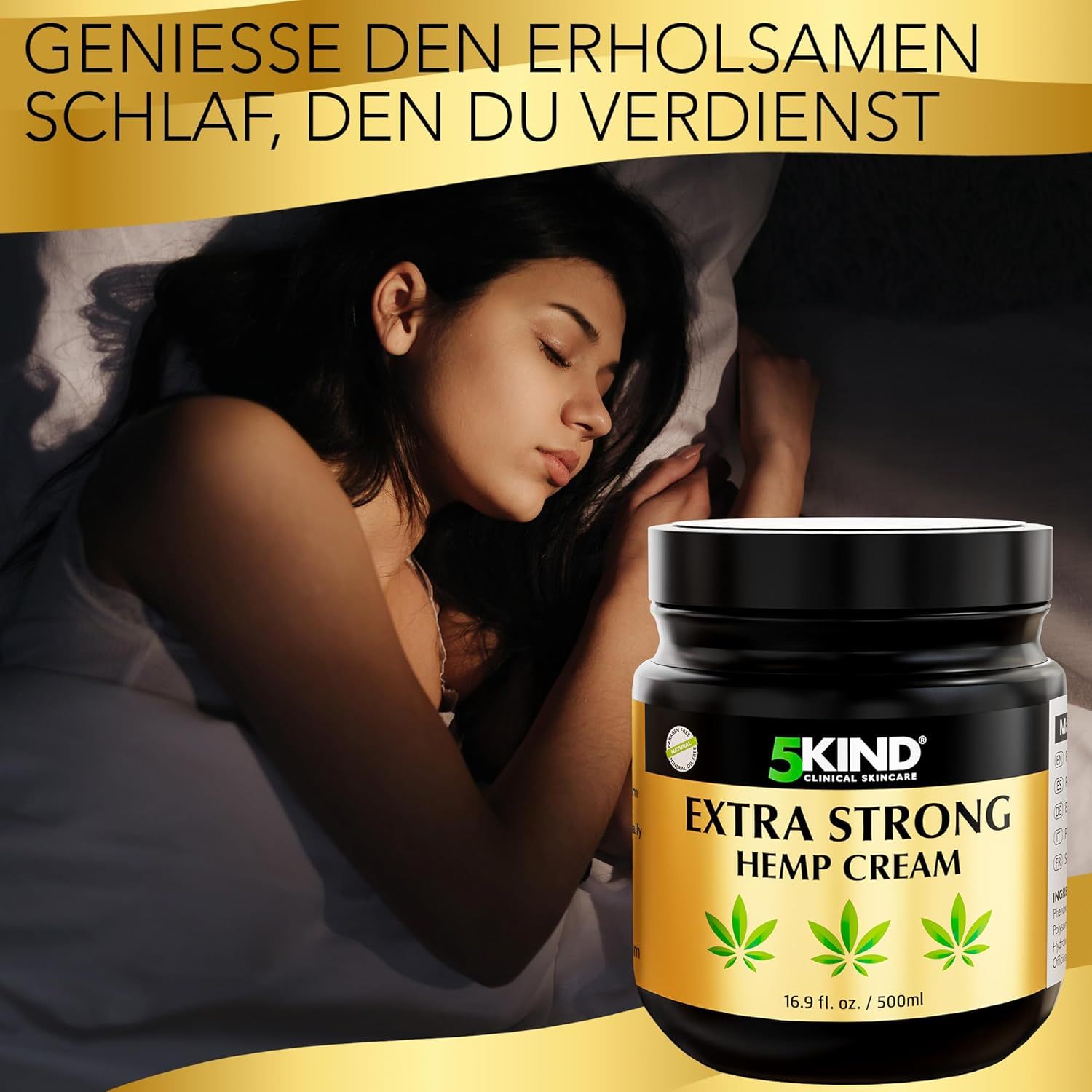 Vrouw slaapt in bed. 5Kind Extra Strong hennepcrème pot ernaast. Tekst: Geniet van rustgevende slaap.