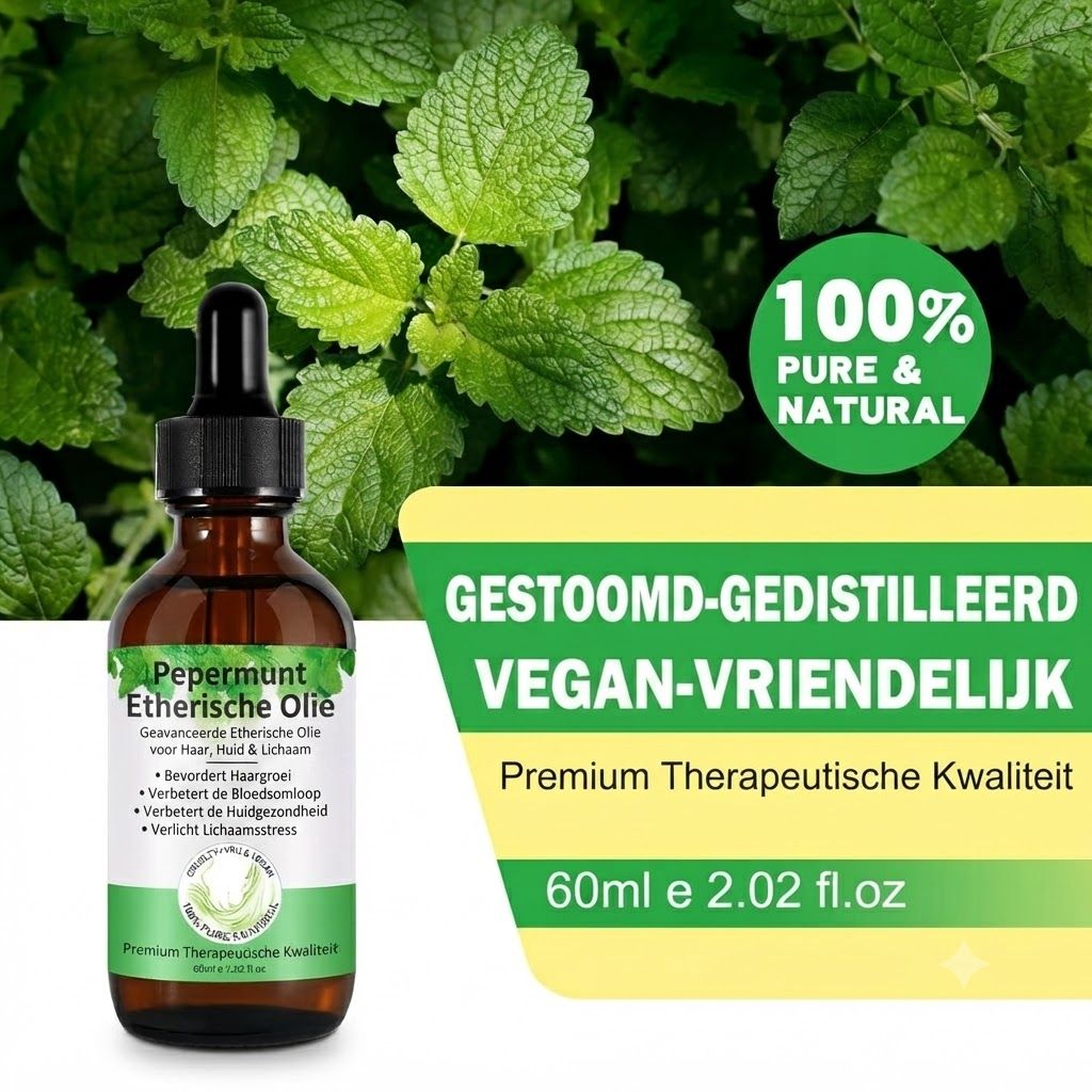 Bruine glazen fles met druppelaar, gevuld met pepermuntolie. Etiket "Pepermunt Etherische Olie" en "60ml".