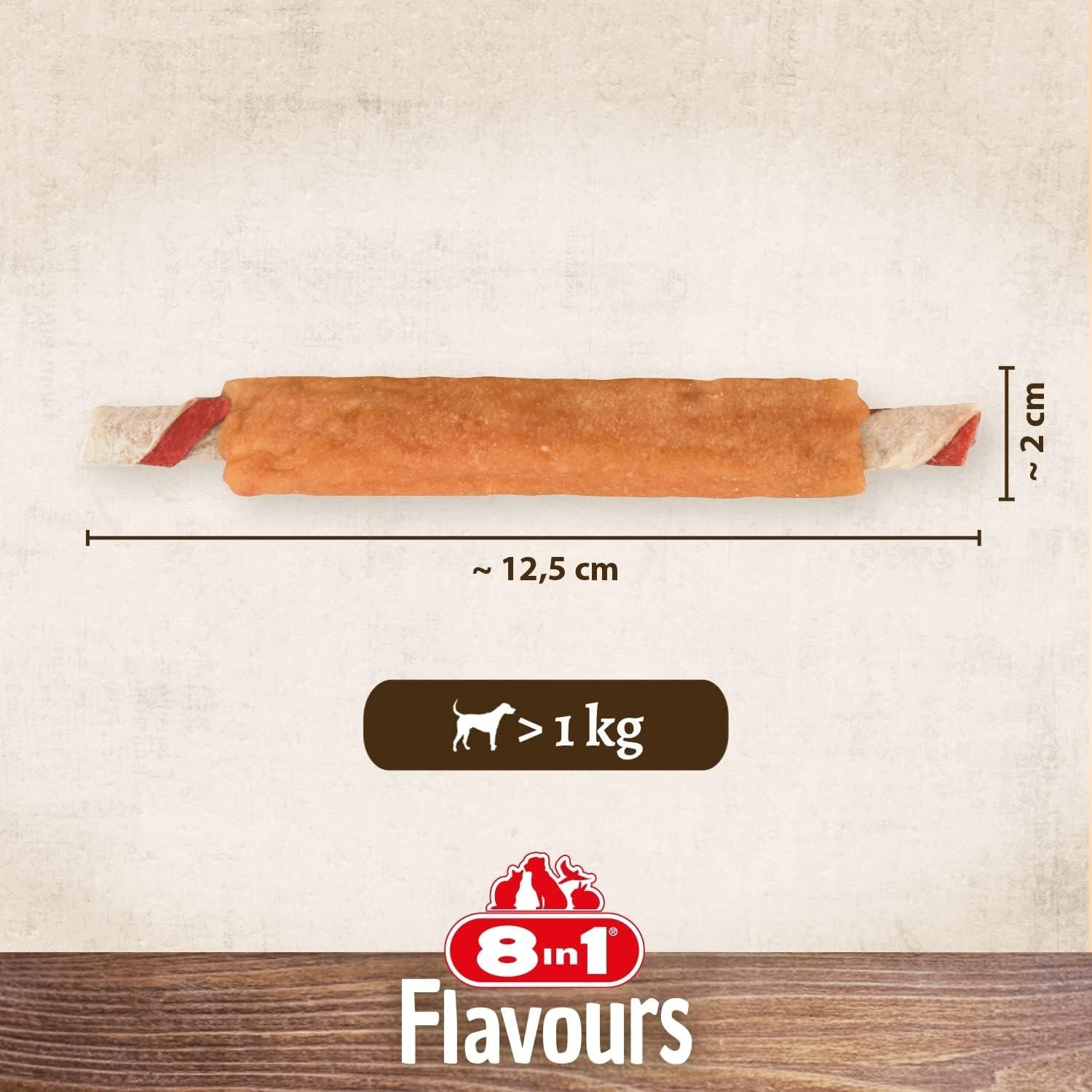 Friandise pour chien, env. 12,5 cm de long, env. 2 cm de diamètre. Avec logo 8in1 Flavours.
