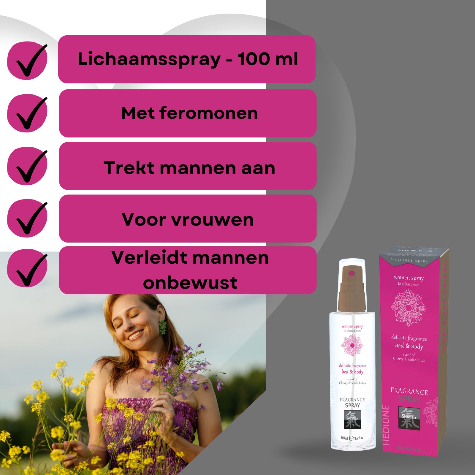 Vrouw met bloemen buiten. Daarnaast: damesgeurspray (100ml) en verpakking.