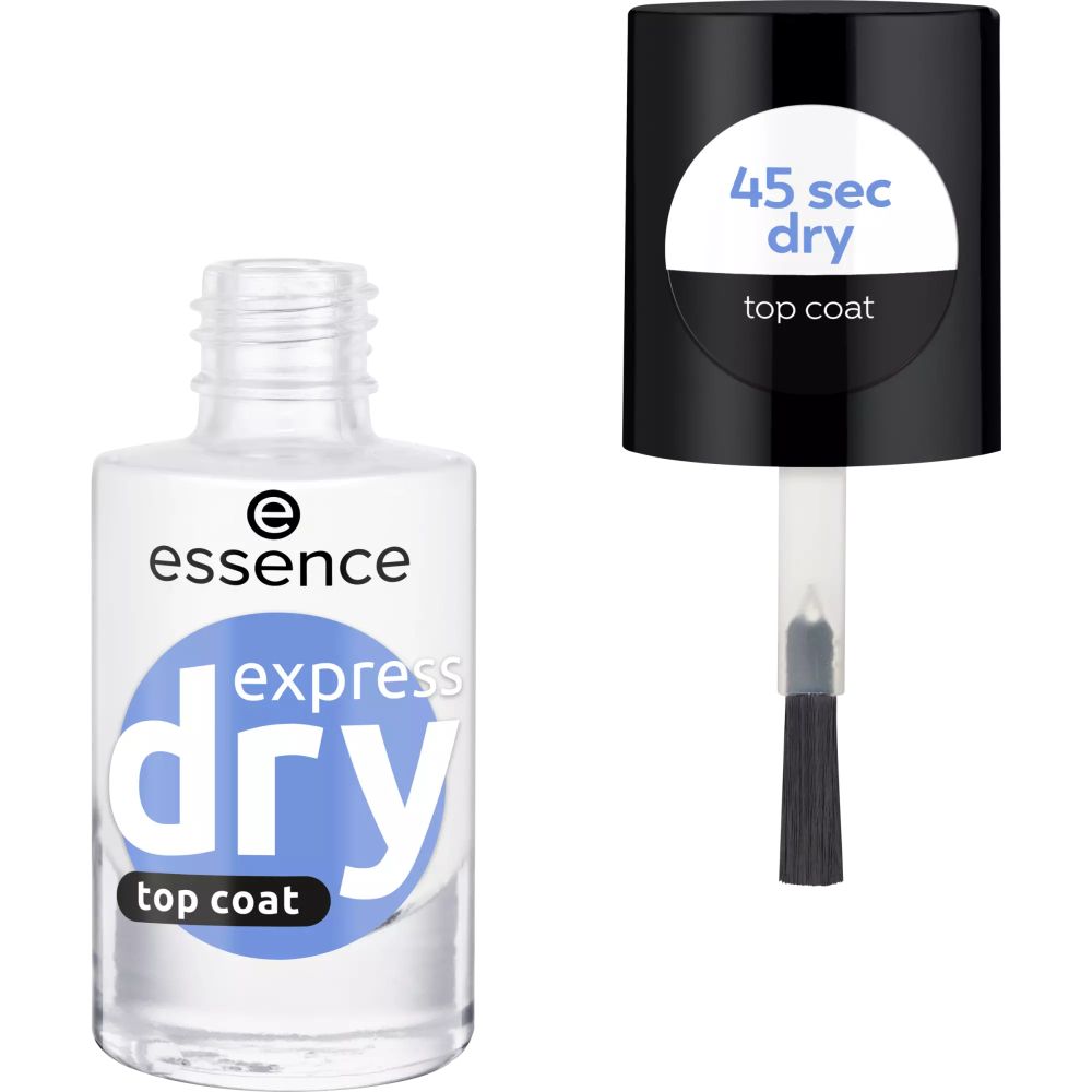 Transparante nagellakfles met zwarte dop en borstel. 'essence express dry top coat' staat erop.