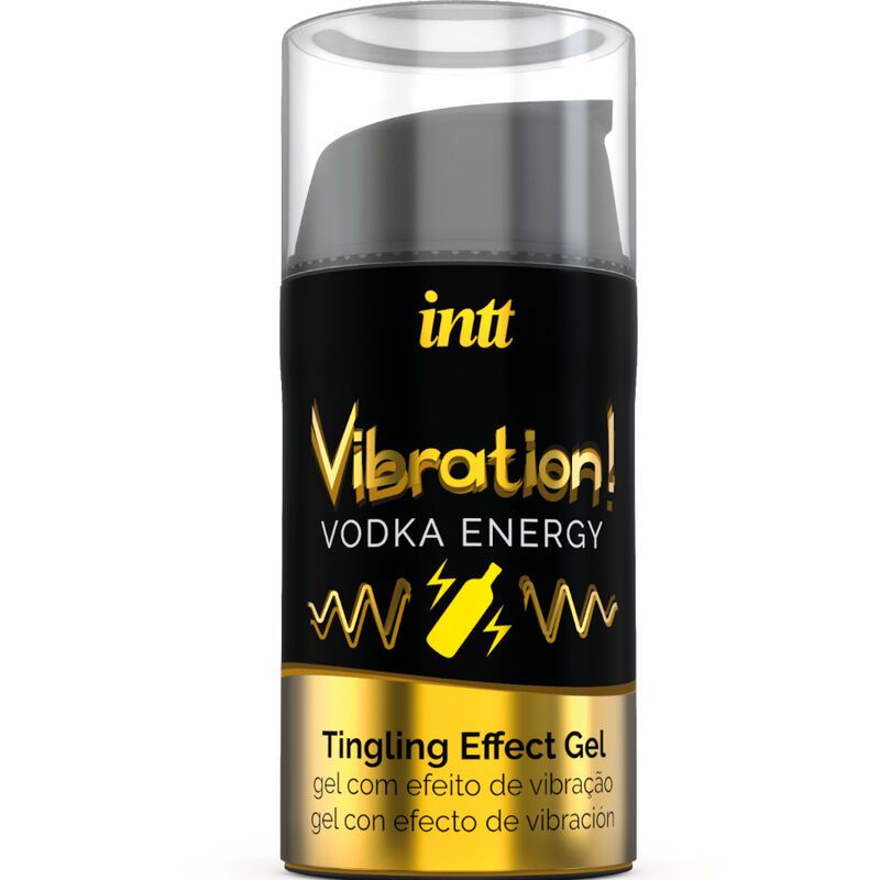 Cilindervormige gel met zwarte behuizing, gouden belettering en transparante dop. Opschrift: Vibration! Vodka Energy. Tinteling Effect Gel.