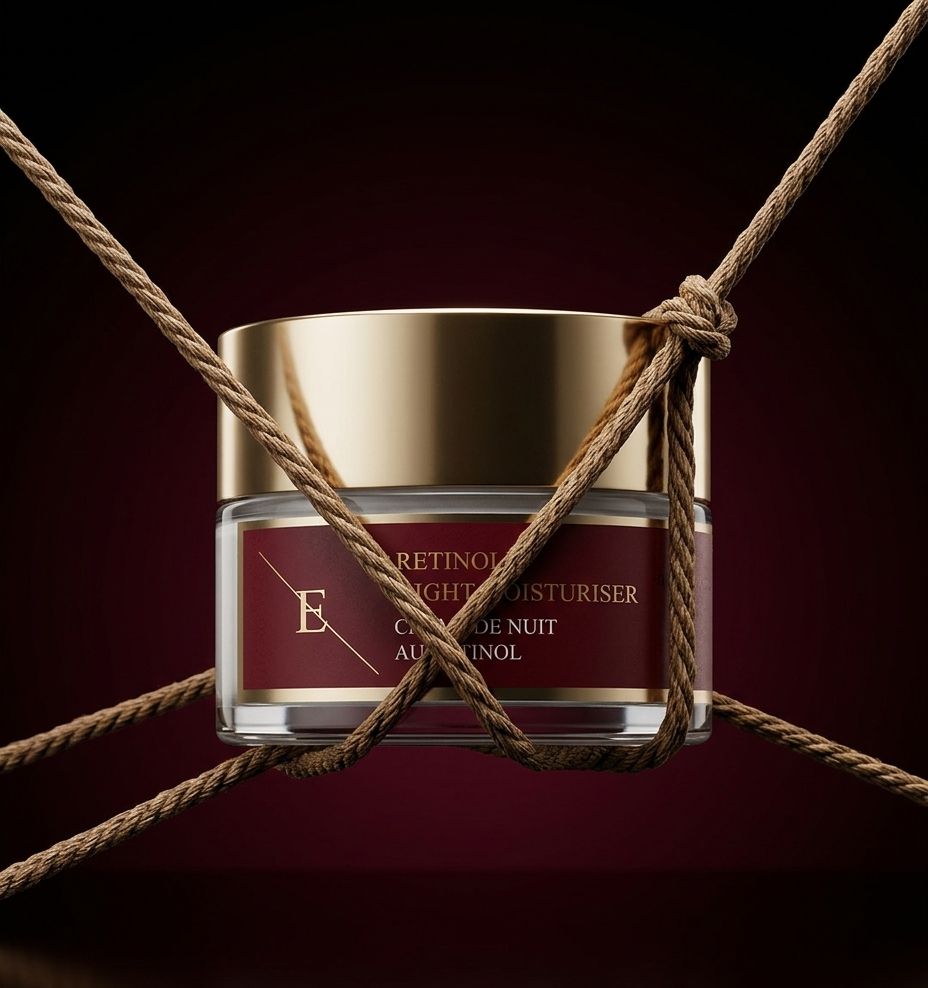 Crème de nuit hydratante ErthSkin London Retinol, sécurisée par des cordes, avec un couvercle doré et une étiquette rouge.