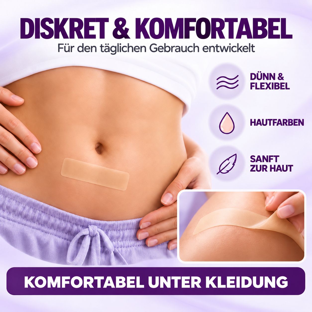 Buikweergave met aangebracht Leiqier linnenpleister. Discreet en comfortabel.