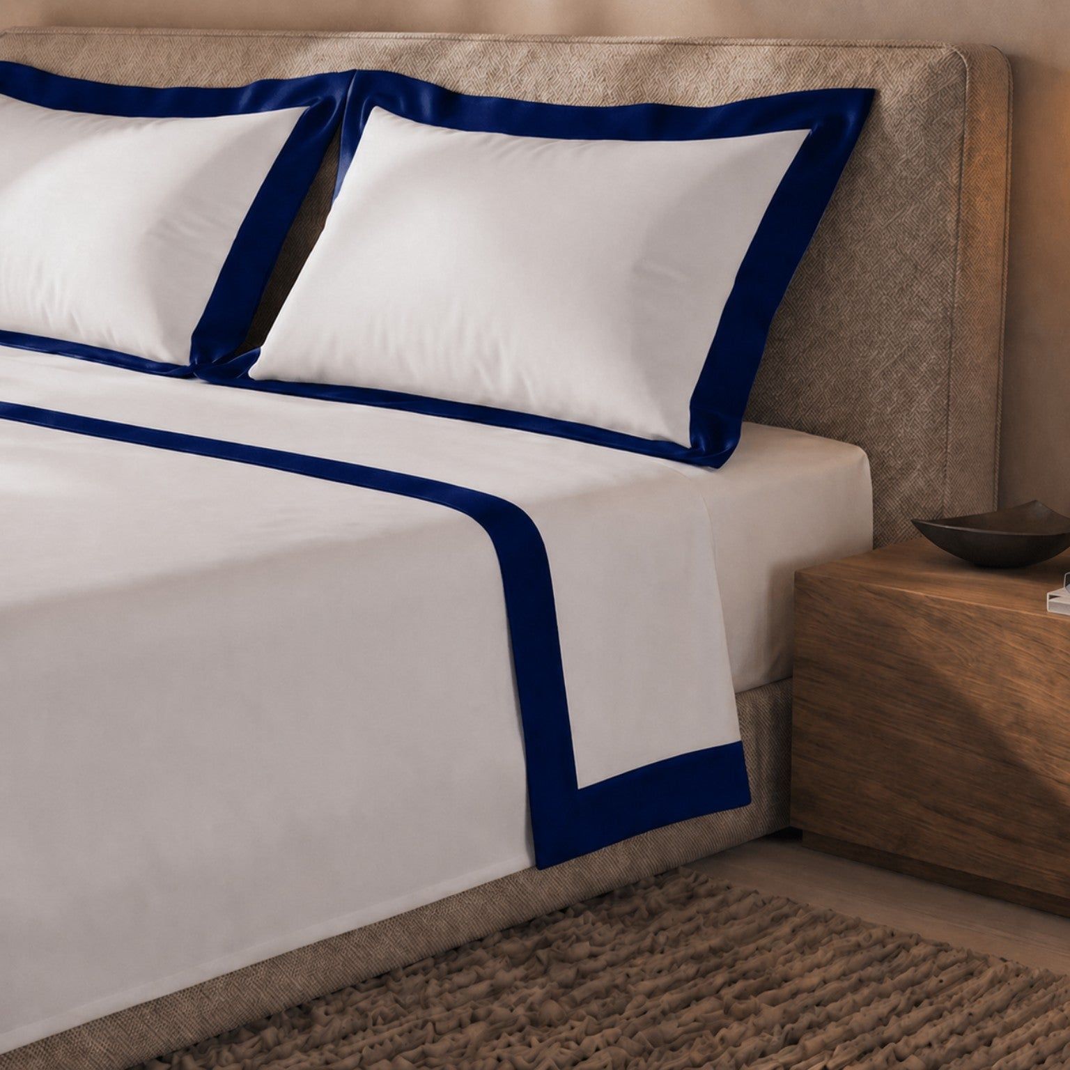 The White Stone Lakenset Eenpersoons 100% Katoen met Decoratieve Satijnen Rand Blauw
