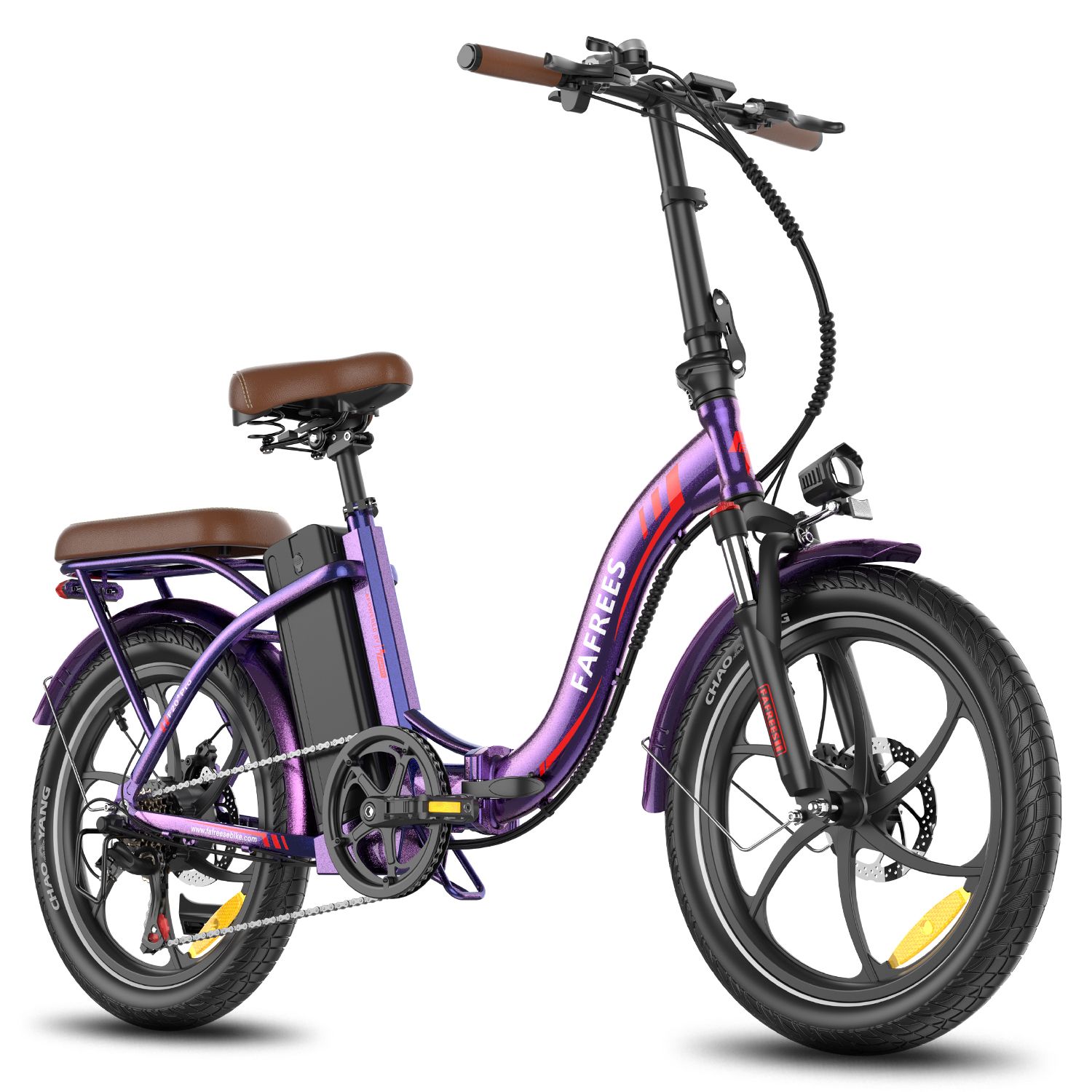 Vélo électrique pliable violet, selle et porte-bagages marron. Pneus, jantes et batterie noirs. Marque FAFREES.
